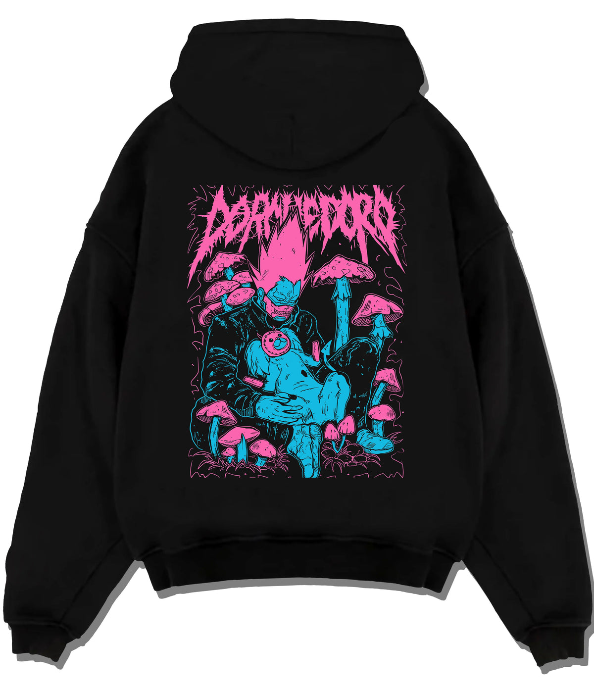 Black hoodie flat back view showing Dorohedoro: Caiman/blue monster design