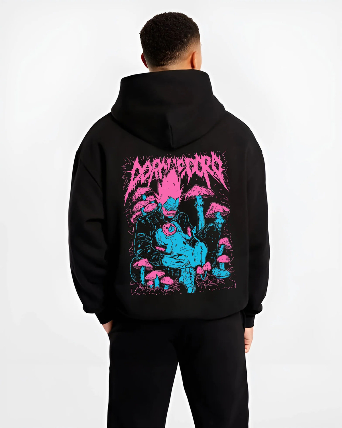 Black hoodie model back view showing Dorohedoro: Caiman/blue monster design