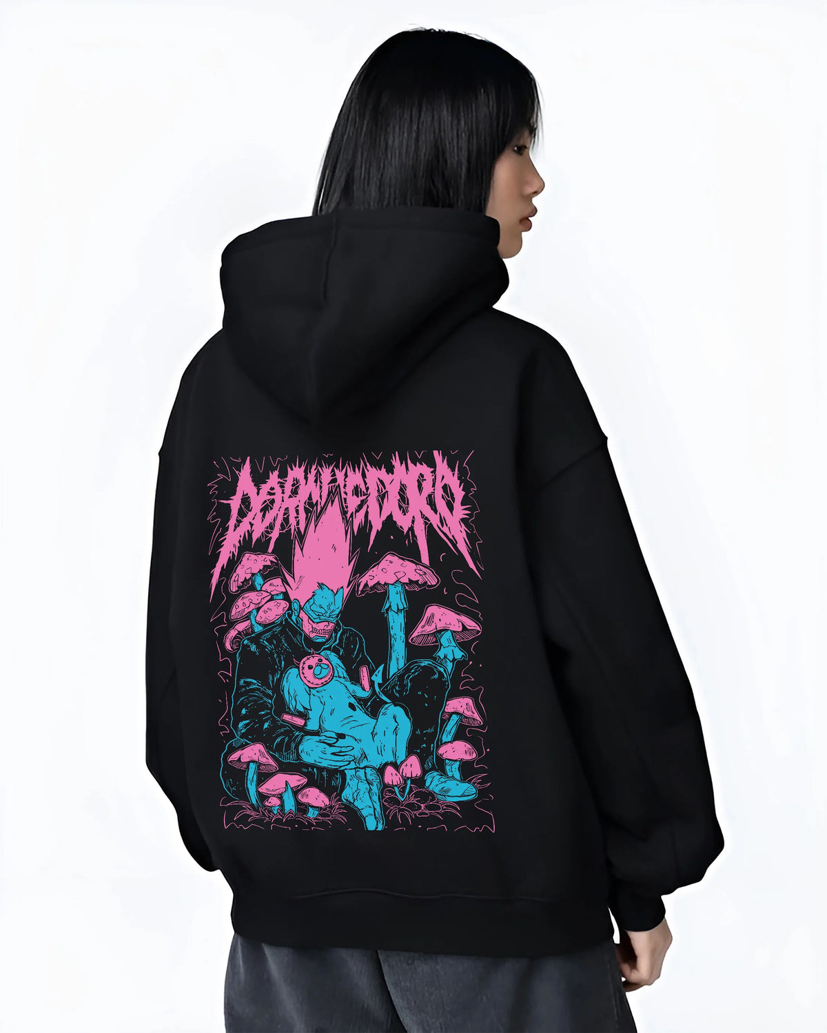 Black hoodie female model back view showing Dorohedoro: Caiman/blue monster design