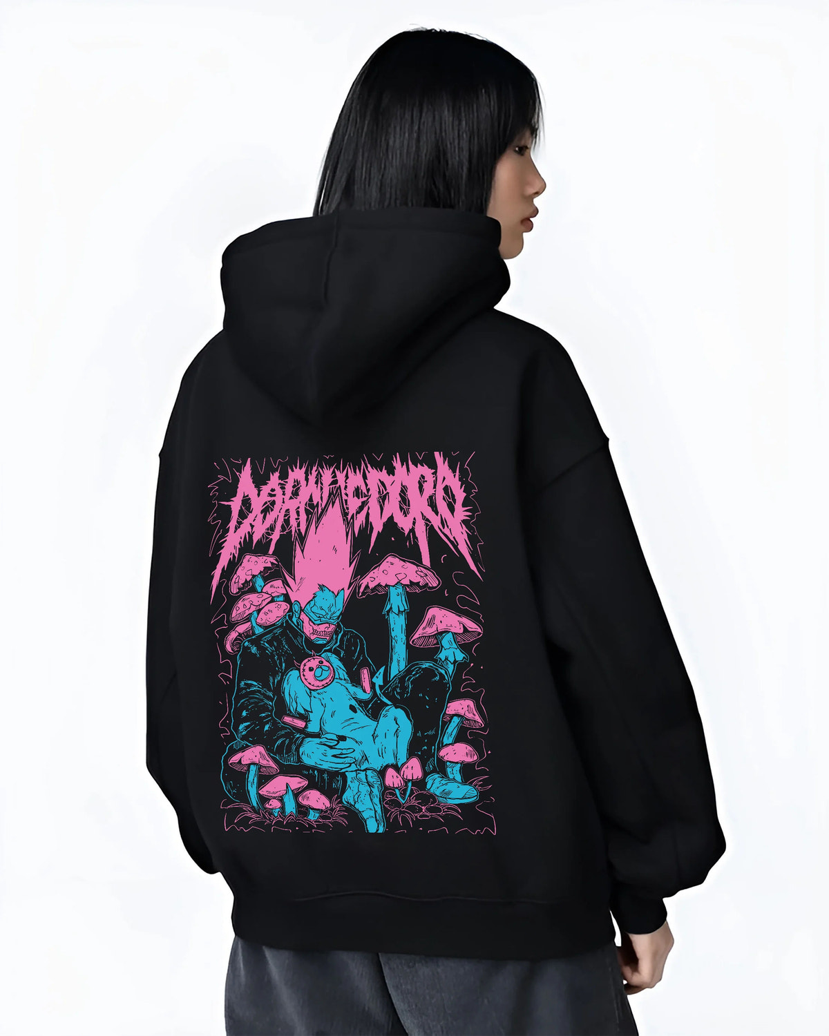 Black hoodie female model back view showing Dorohedoro: Caiman/blue monster design