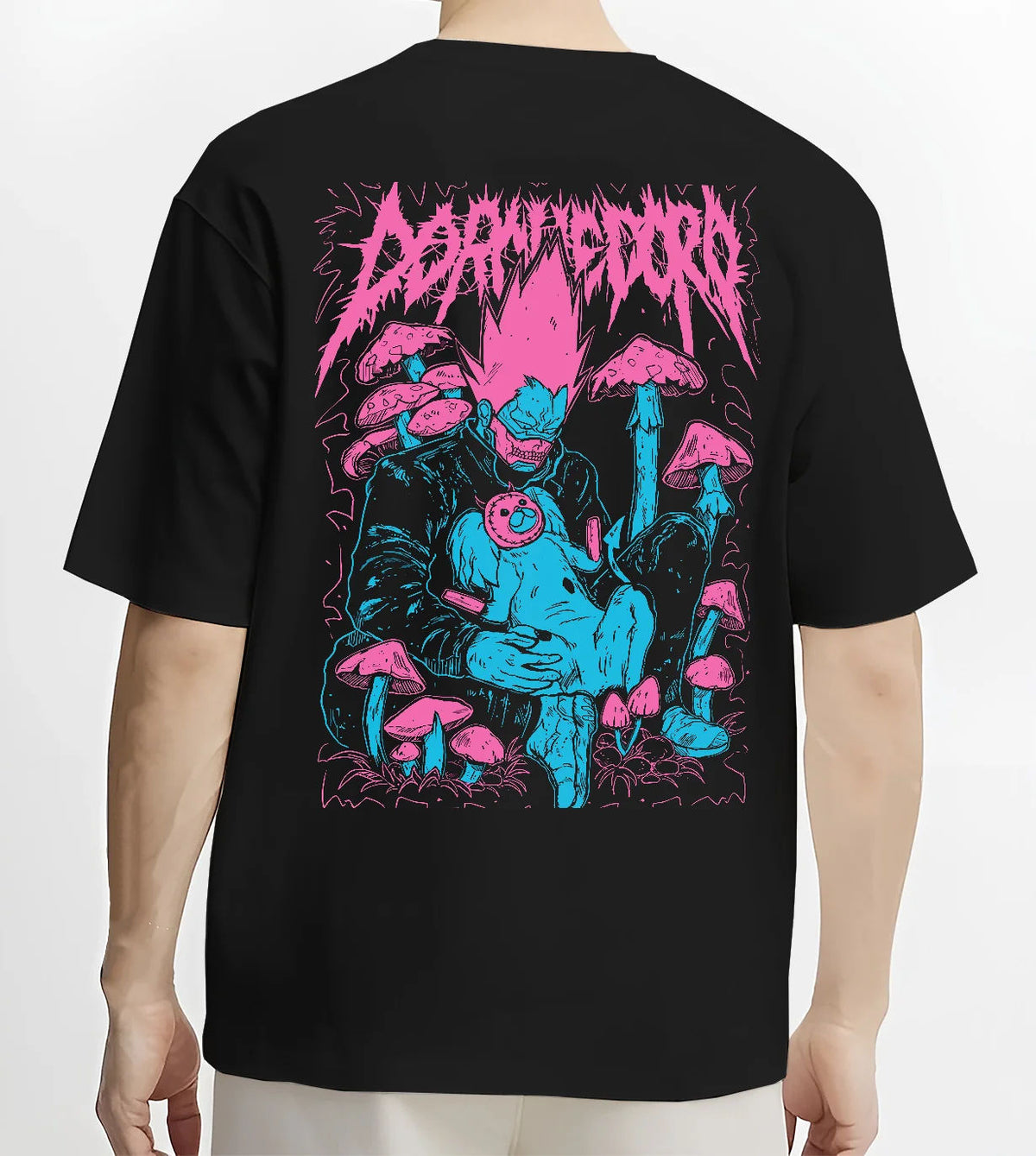 Black T-shirt model back view showing Dorohedoro: Caiman/blue monster design