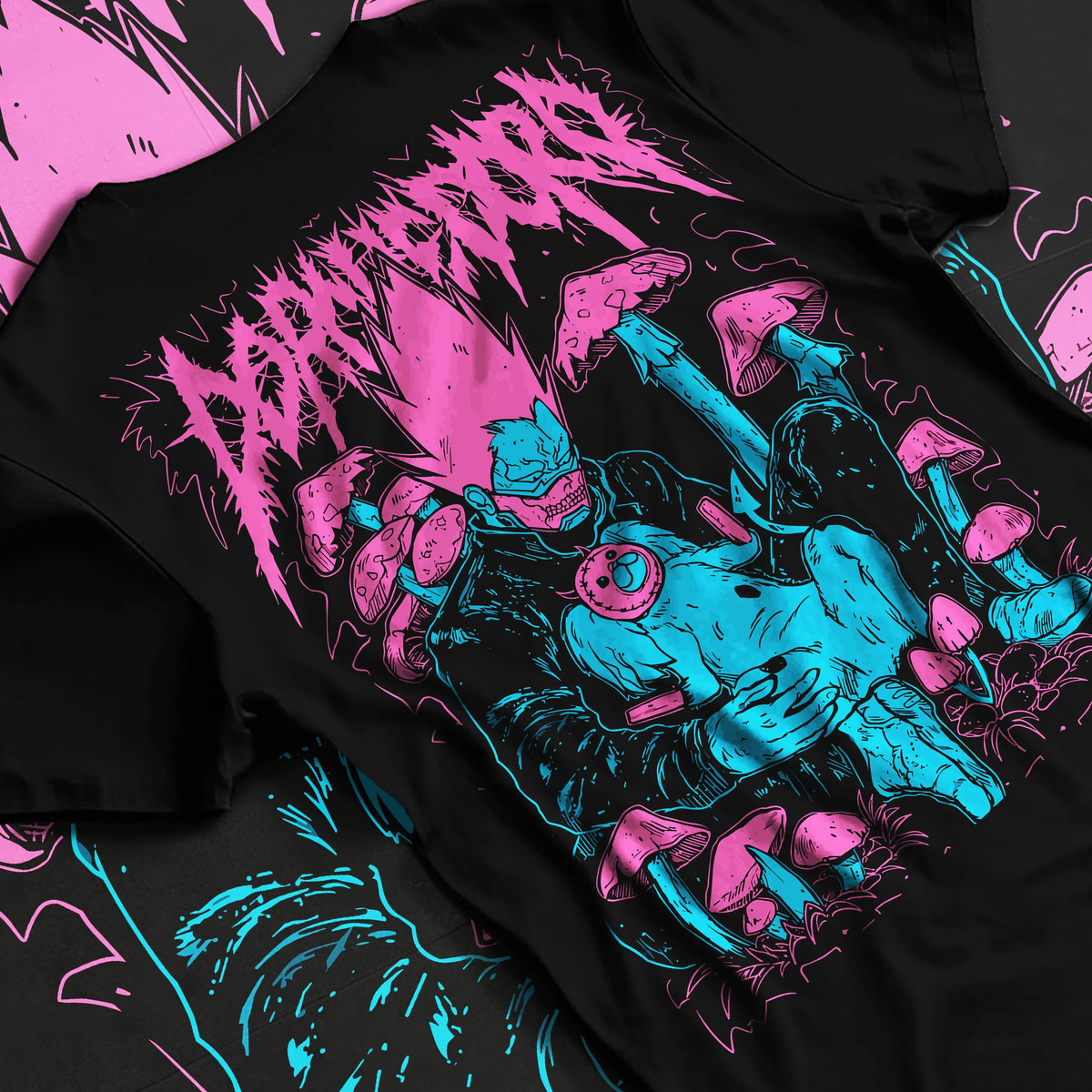 Black T-shirt flat back view showing Dorohedoro: Caiman/blue monster design