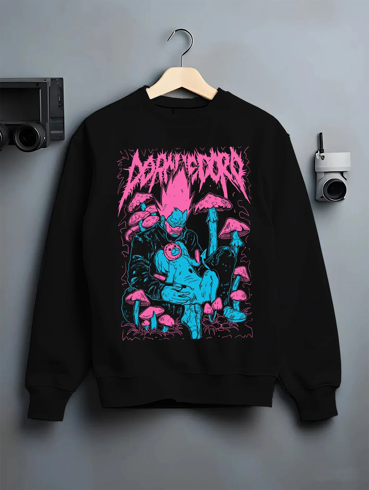 Black crewneck sweatshirt on hanger showing Dorohedoro: Caiman/blue monster design