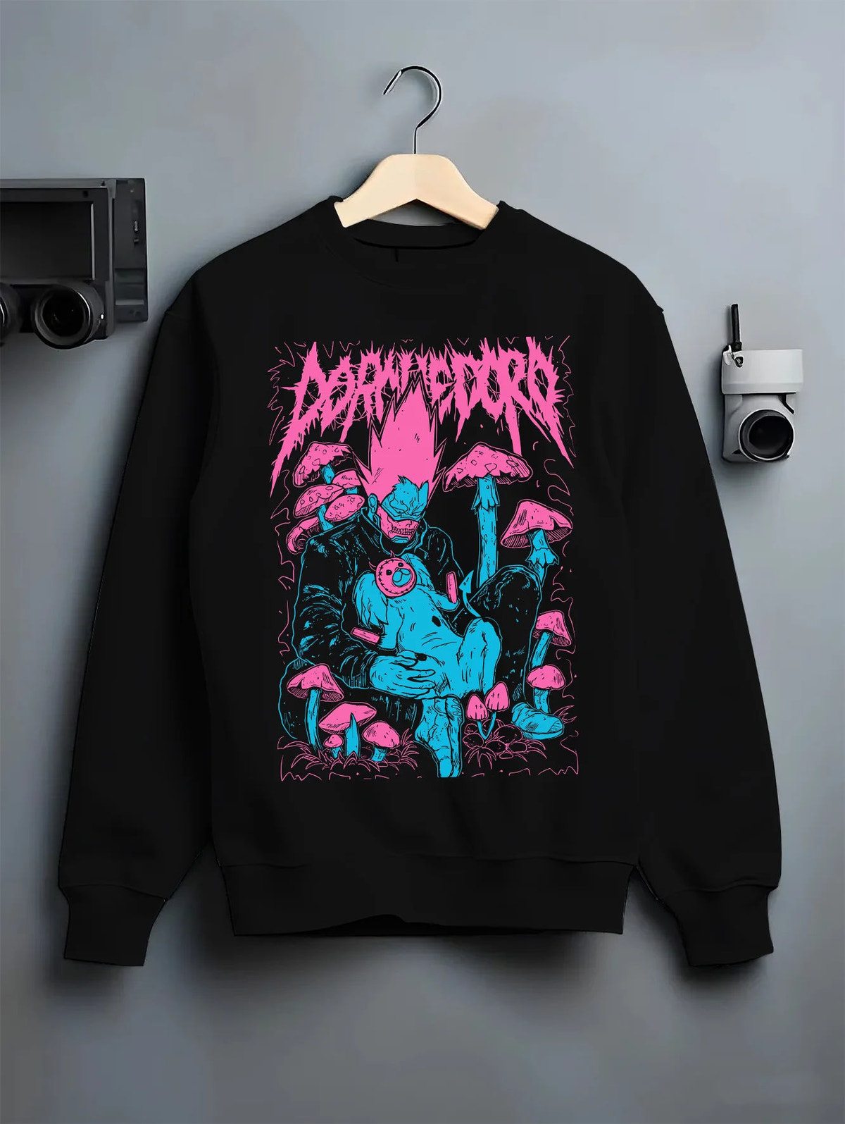 Black crewneck sweatshirt on hanger showing Dorohedoro: Caiman/blue monster design
