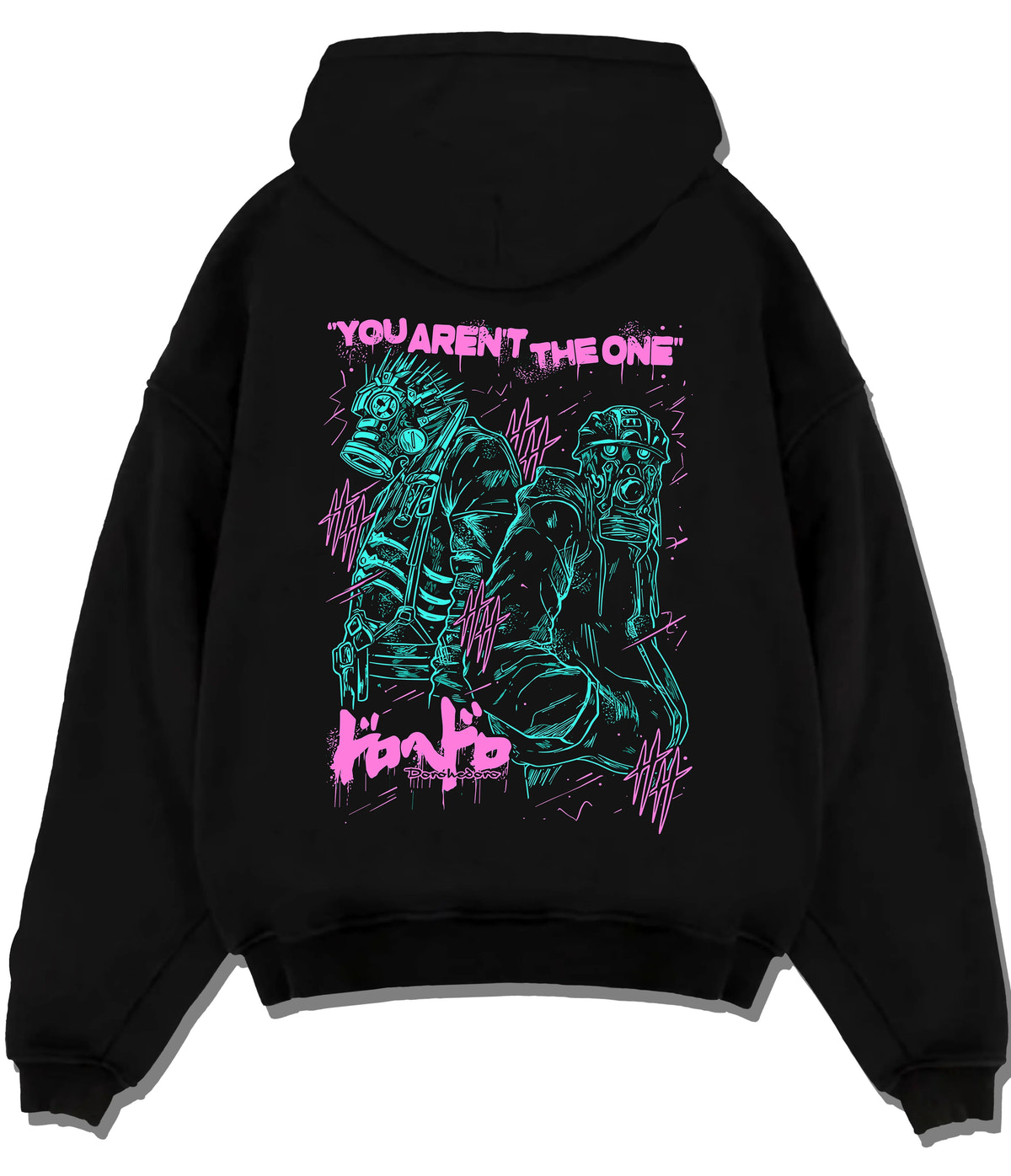 Black hoodie flat back view showing Dorohedoro: neon grotesque character duo