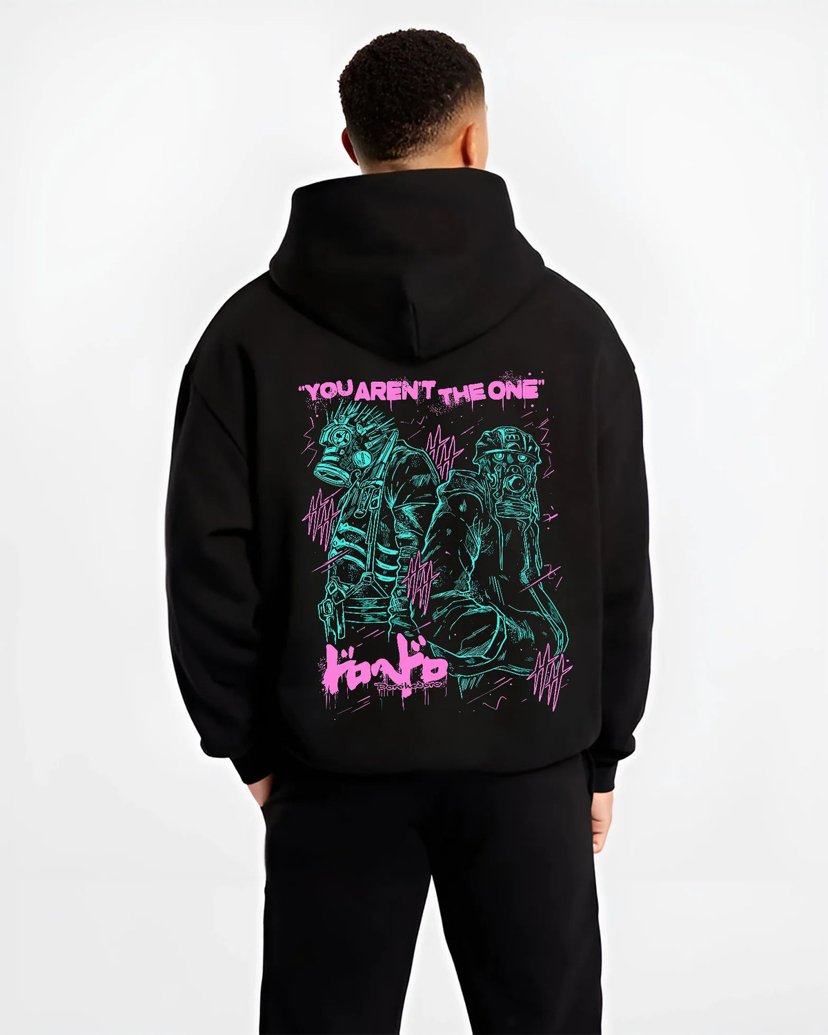 Black hoodie model back view showing Dorohedoro: neon grotesque character duo