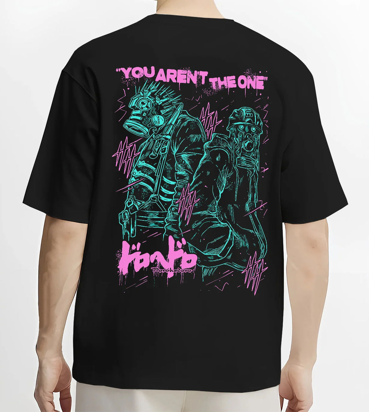 Black T-shirt model back view showing Dorohedoro: neon grotesque character duo
