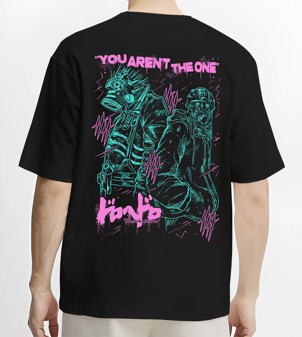 Black T-shirt model back view showing Dorohedoro: neon grotesque character duo
