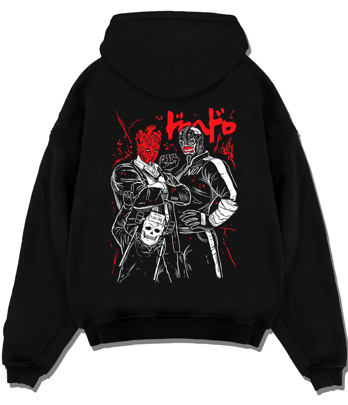 Black hoodie flat back view showing Dorohedoro: masked characters duo