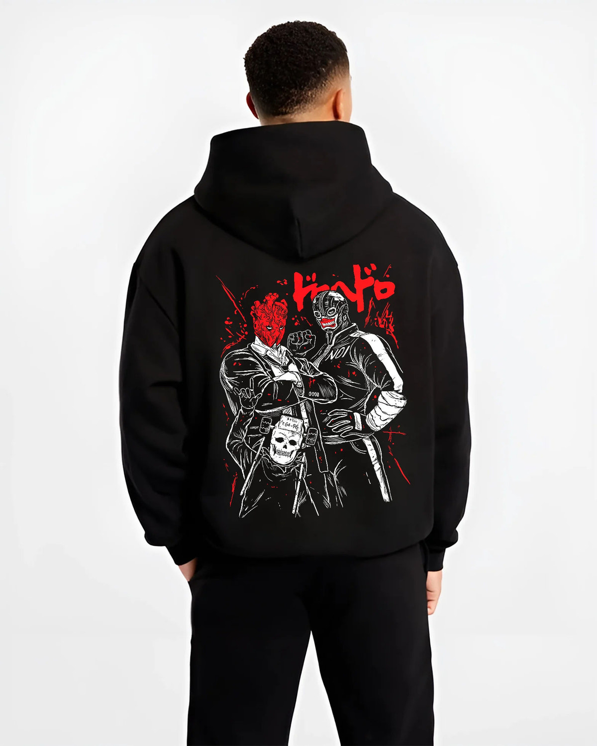 Black hoodie model back view showing Dorohedoro: masked characters duo