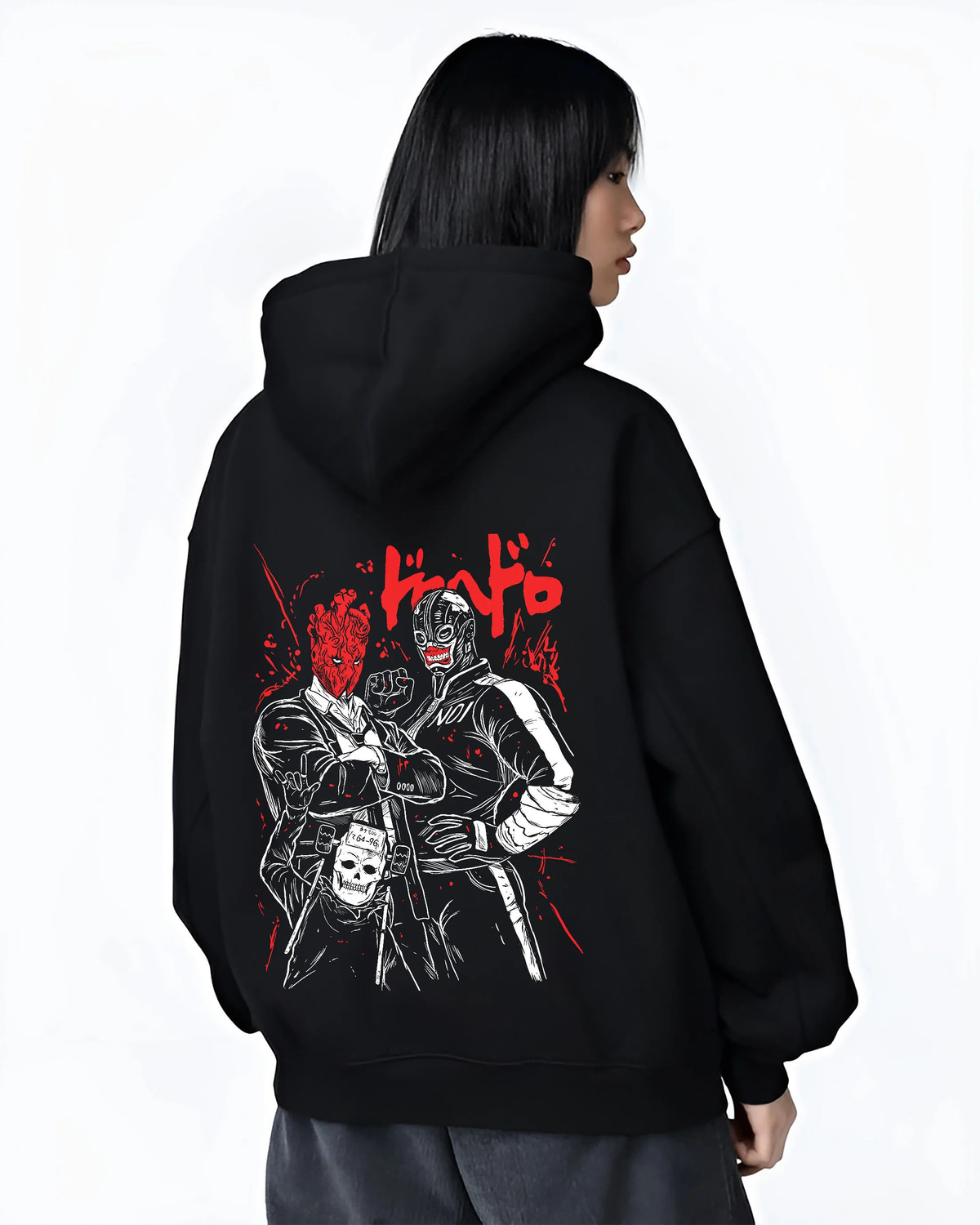 Black hoodie female model back view showing Dorohedoro: masked characters duo