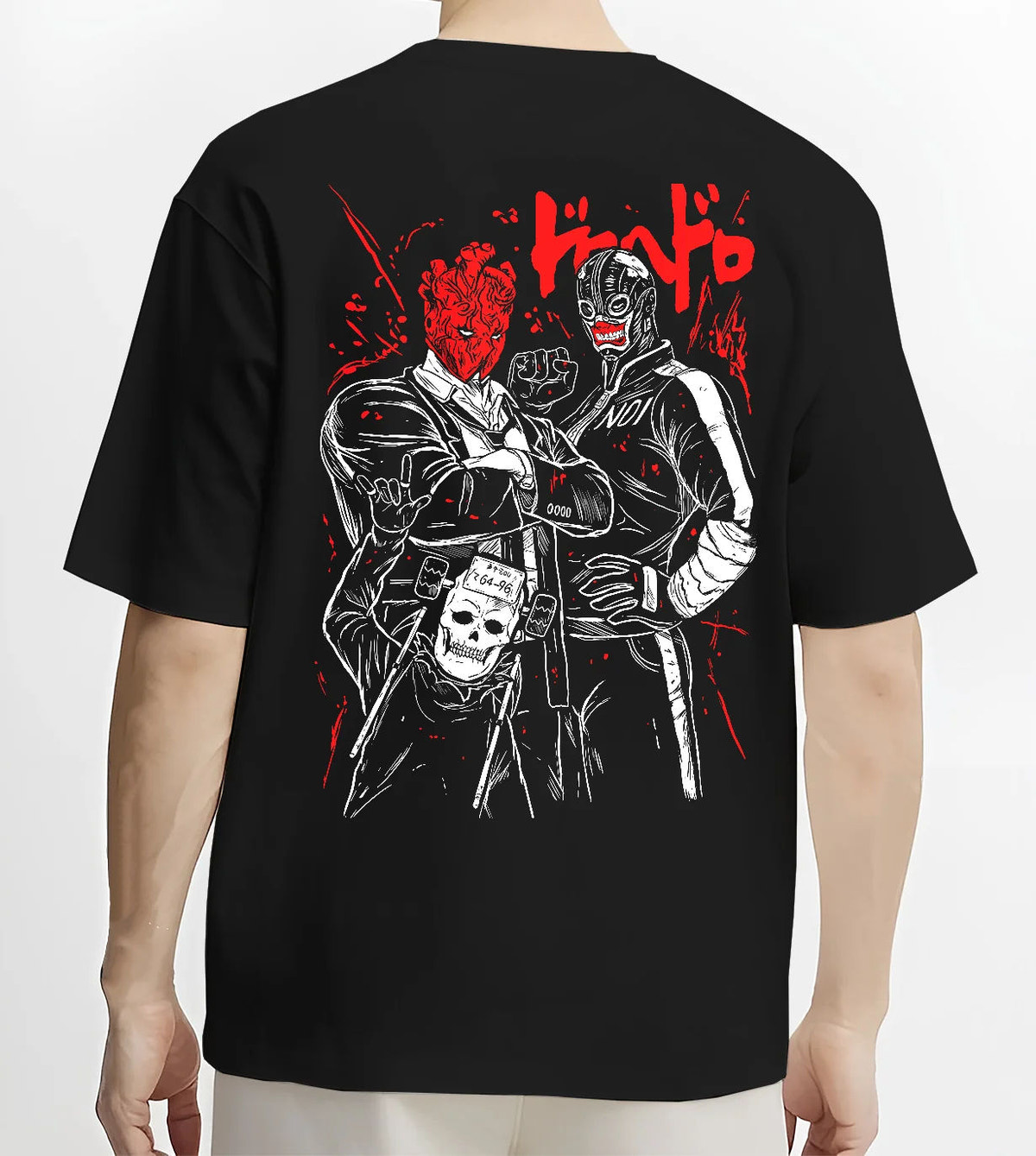 Black T-shirt model back view showing Dorohedoro: masked characters duo