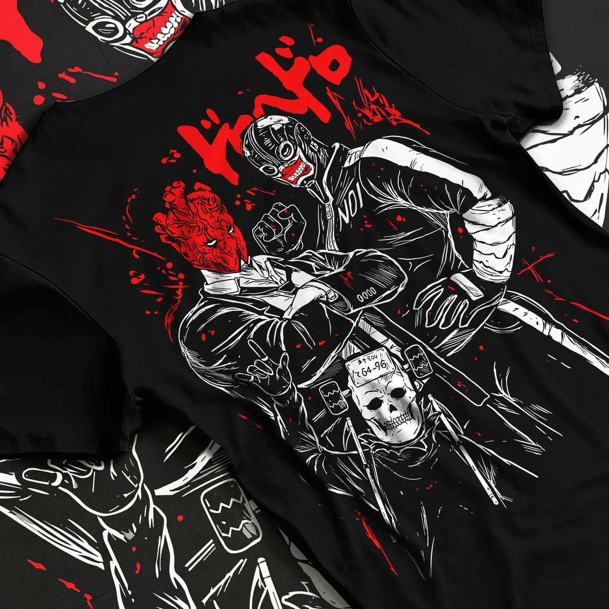 Black T-shirt flat back view showing Dorohedoro: masked characters duo
