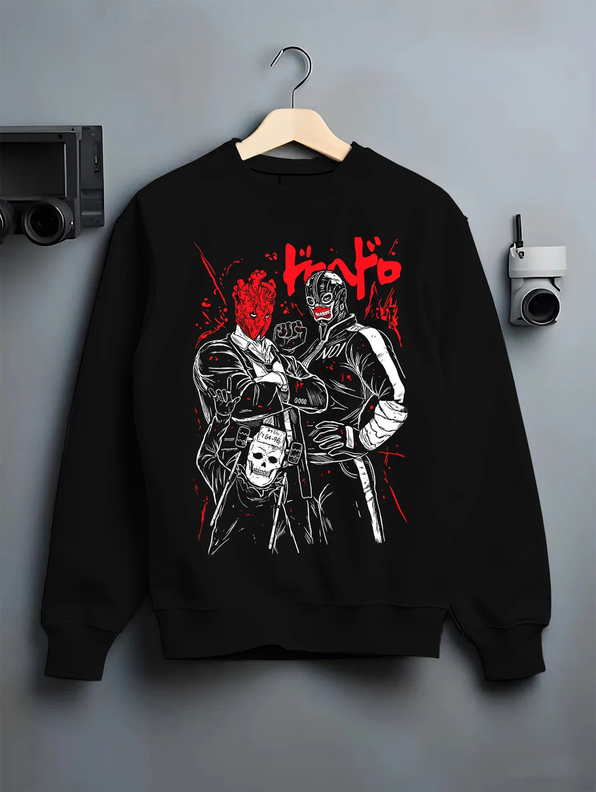 Black crewneck sweatshirt on hanger showing Dorohedoro: masked characters duo