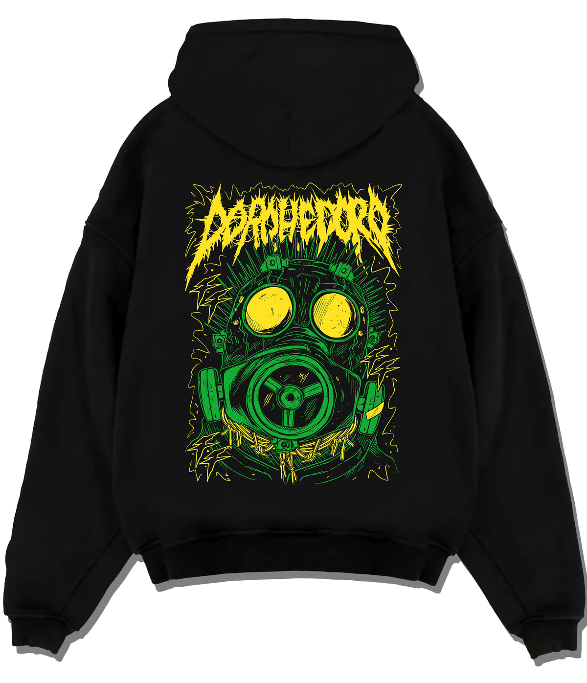 Black hoodie flat back view showing Dorohedoro: green gas-mask character graphic