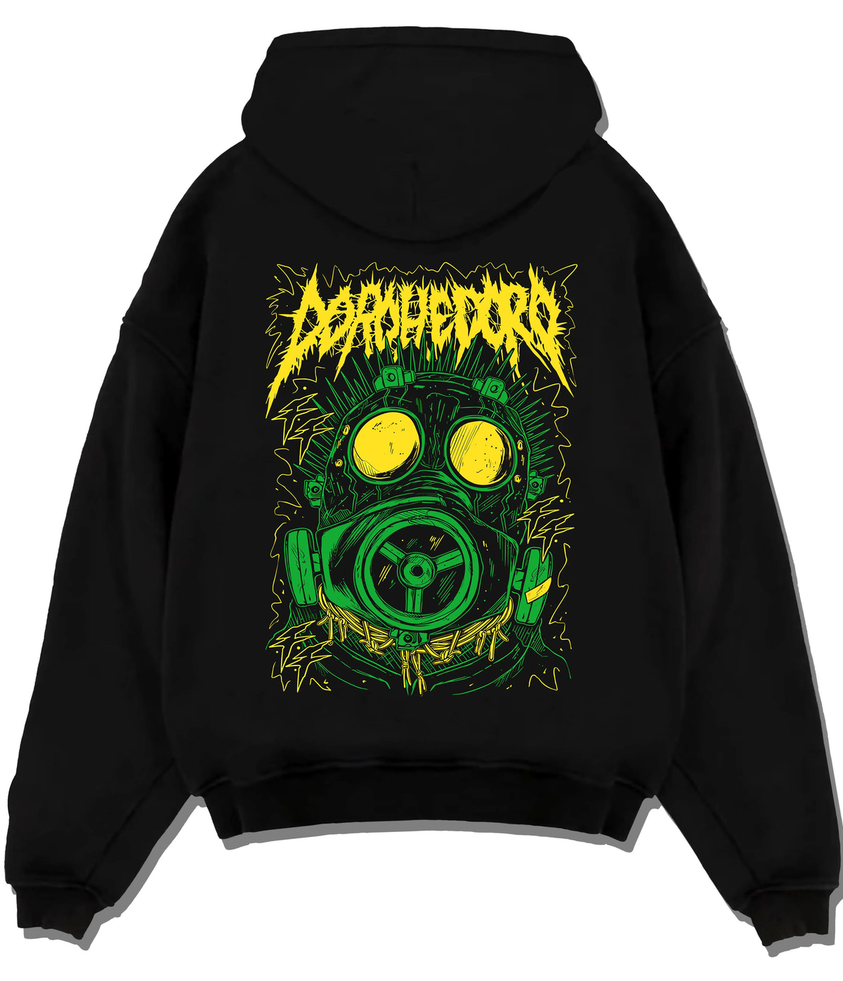 Black hoodie flat back view showing Dorohedoro: green gas-mask character graphic