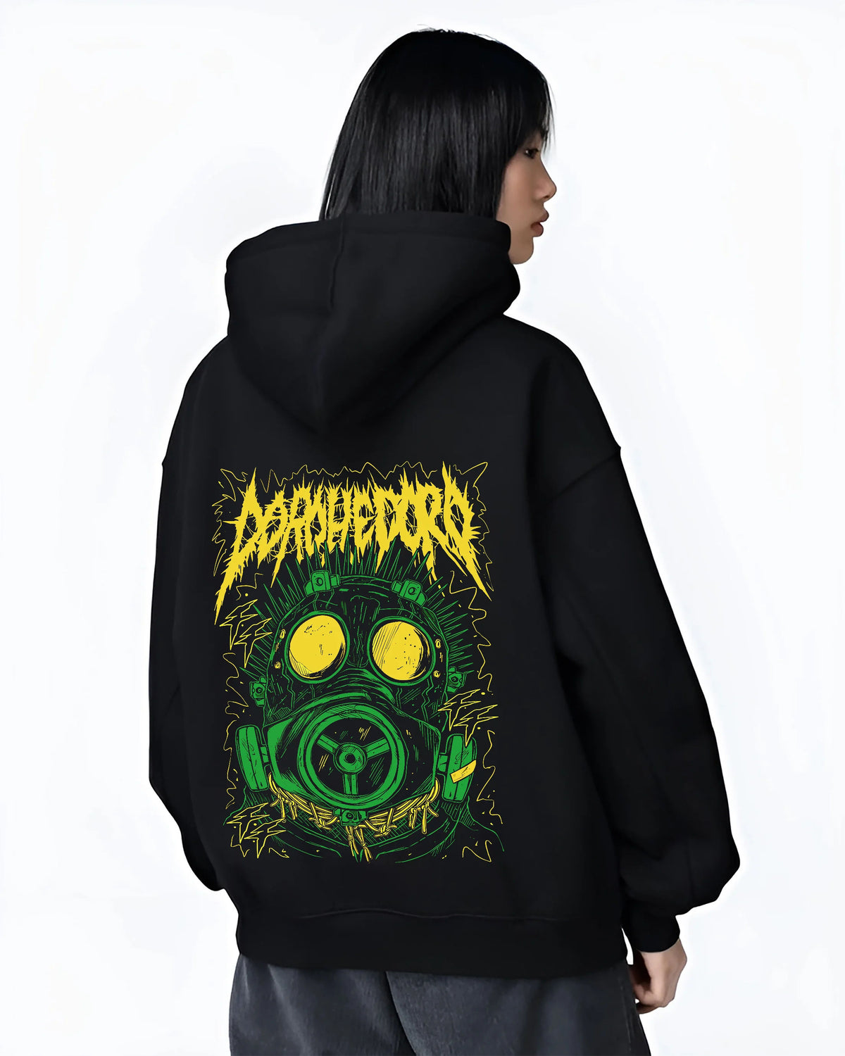 Black hoodie female model back view showing Dorohedoro: green gas-mask character graphic