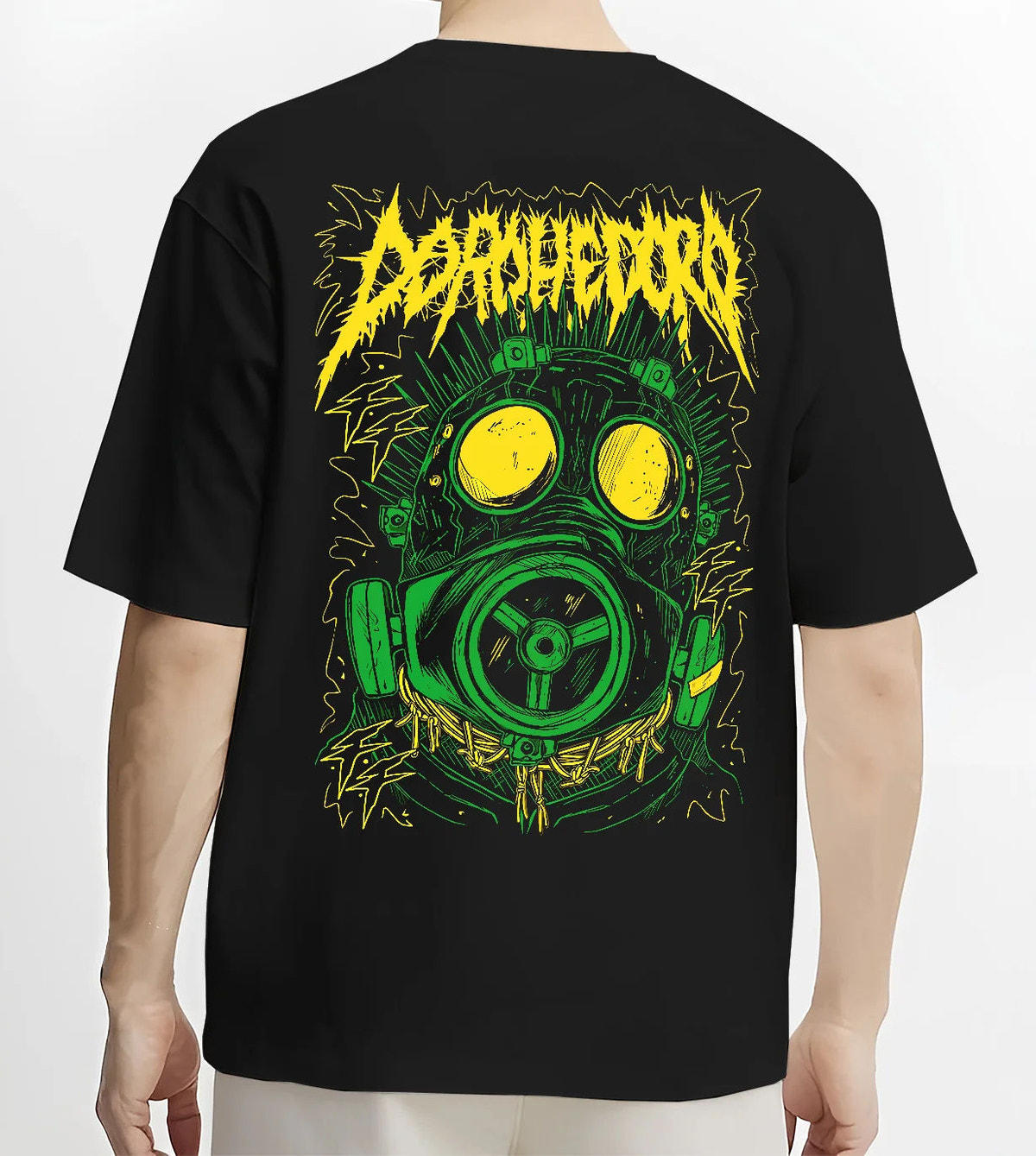 Black T-shirt model back view showing Dorohedoro: green gas-mask character graphic
