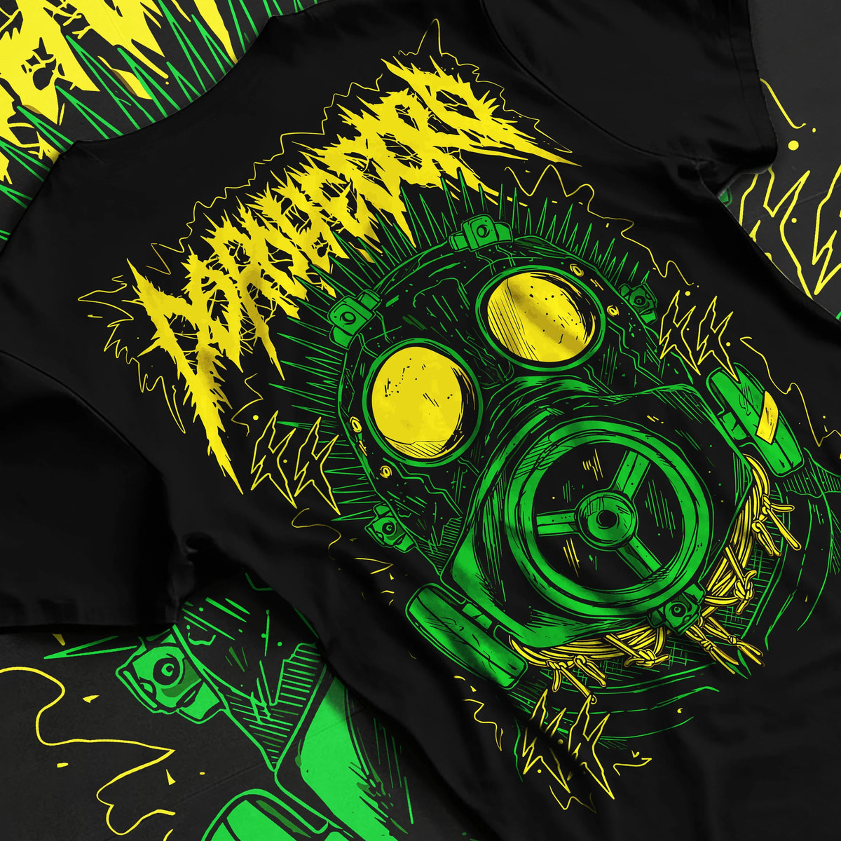 Black T-shirt flat back view showing Dorohedoro: green gas-mask character graphic
