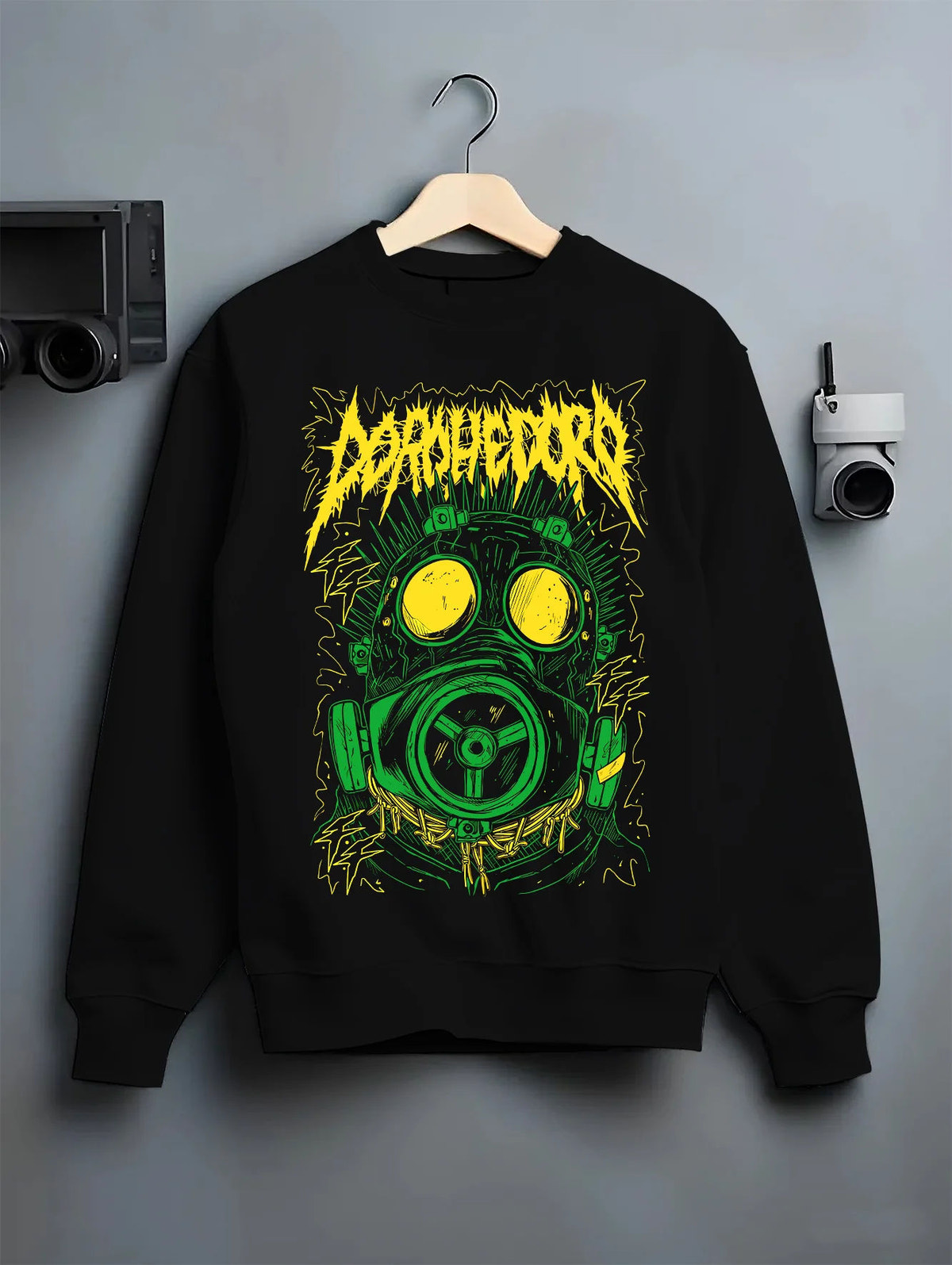 Black crewneck sweatshirt on hanger showing Dorohedoro: green gas-mask character graphic