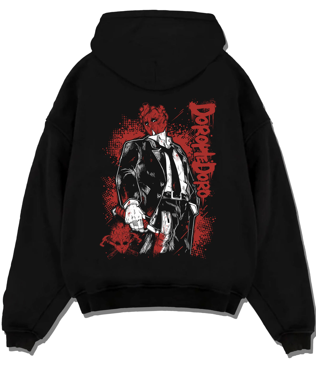 Black hoodie flat back view showing Dorohedoro: suited character with animal head