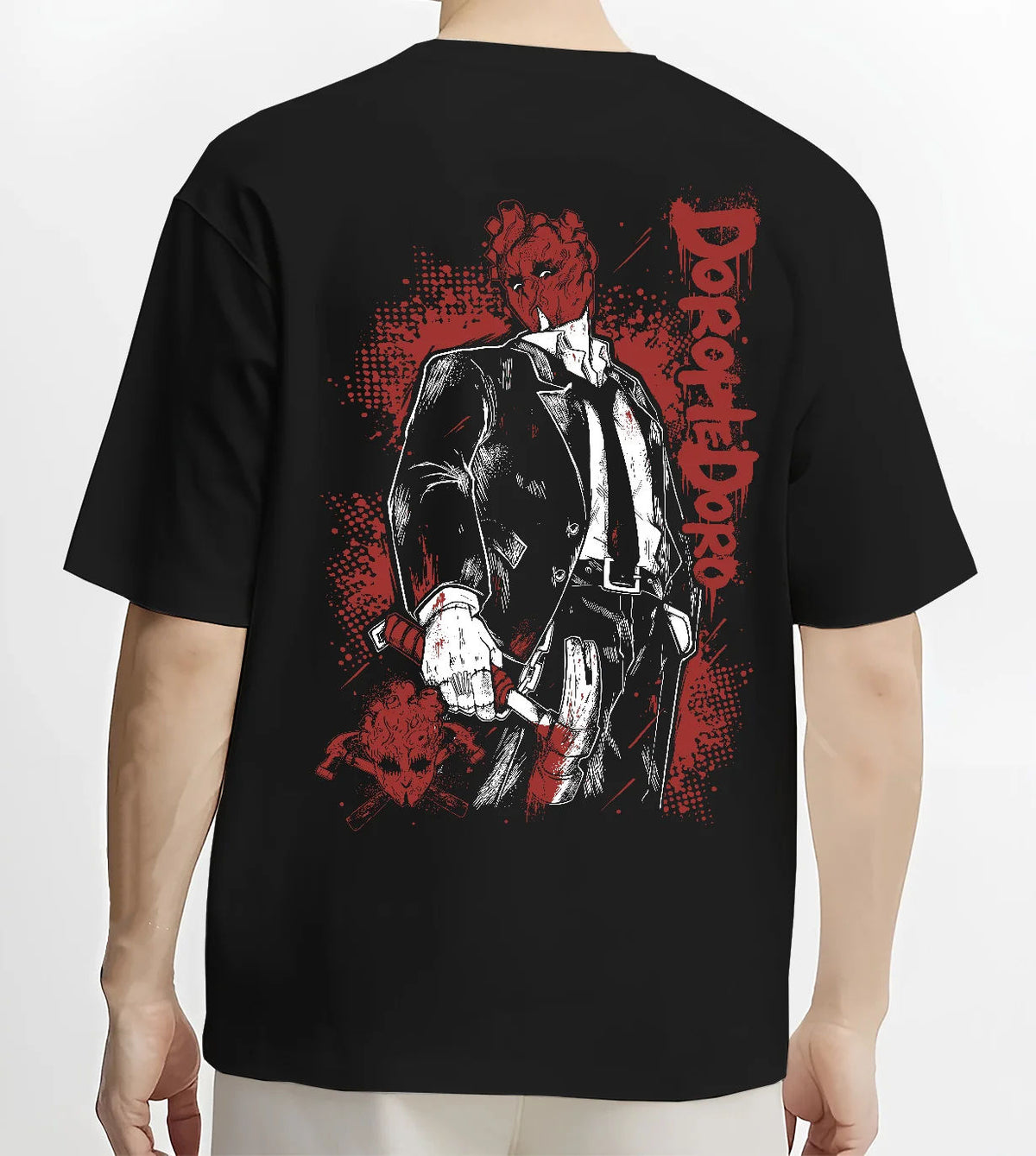 Black T-shirt model back view showing Dorohedoro: suited character with animal head