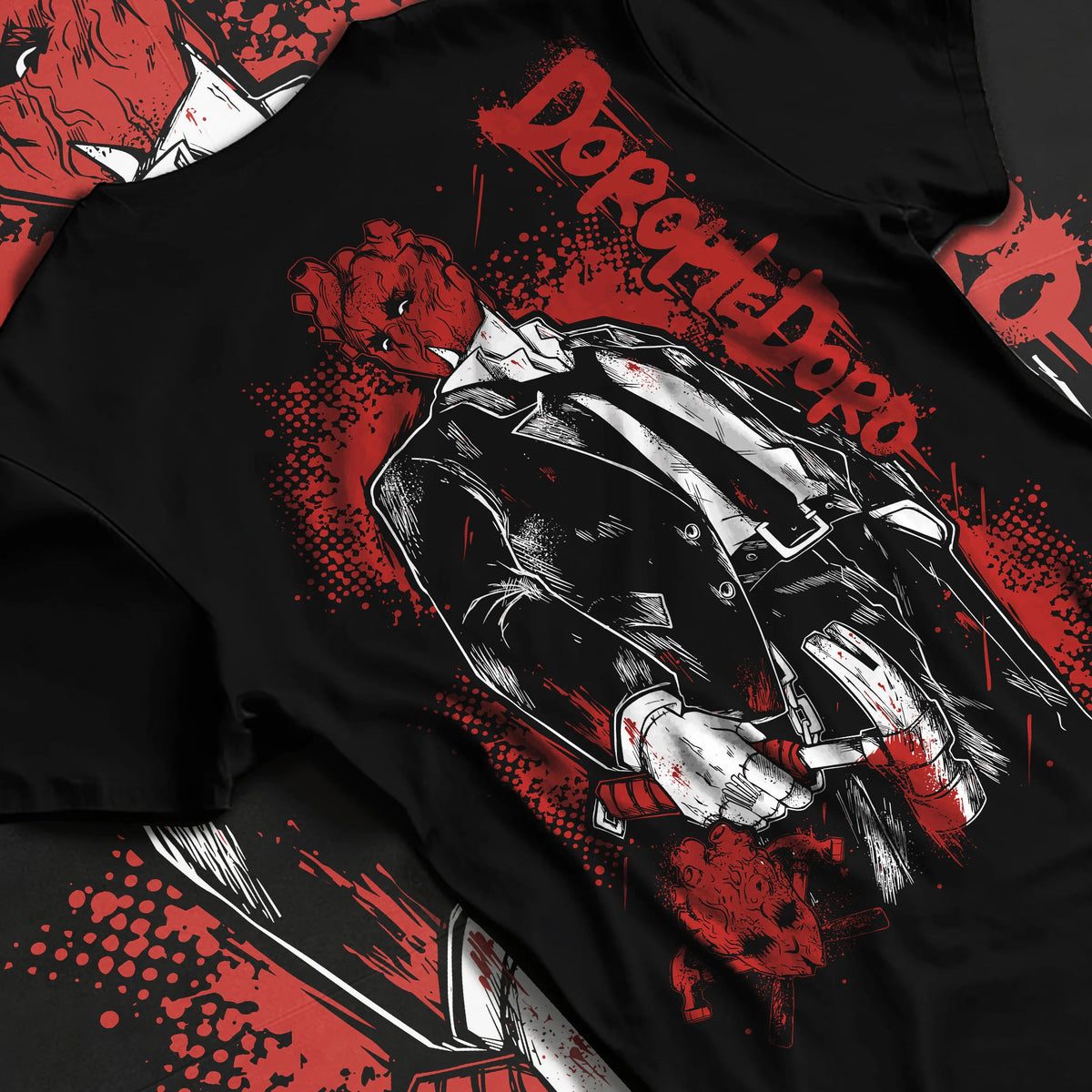 Black T-shirt flat back view showing Dorohedoro: suited character with animal head