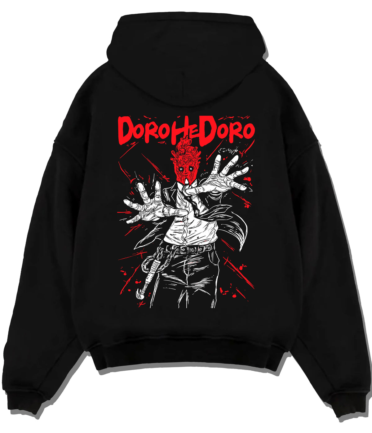 Black hoodie flat back view showing Dorohedoro: Caiman/character red hand illustration