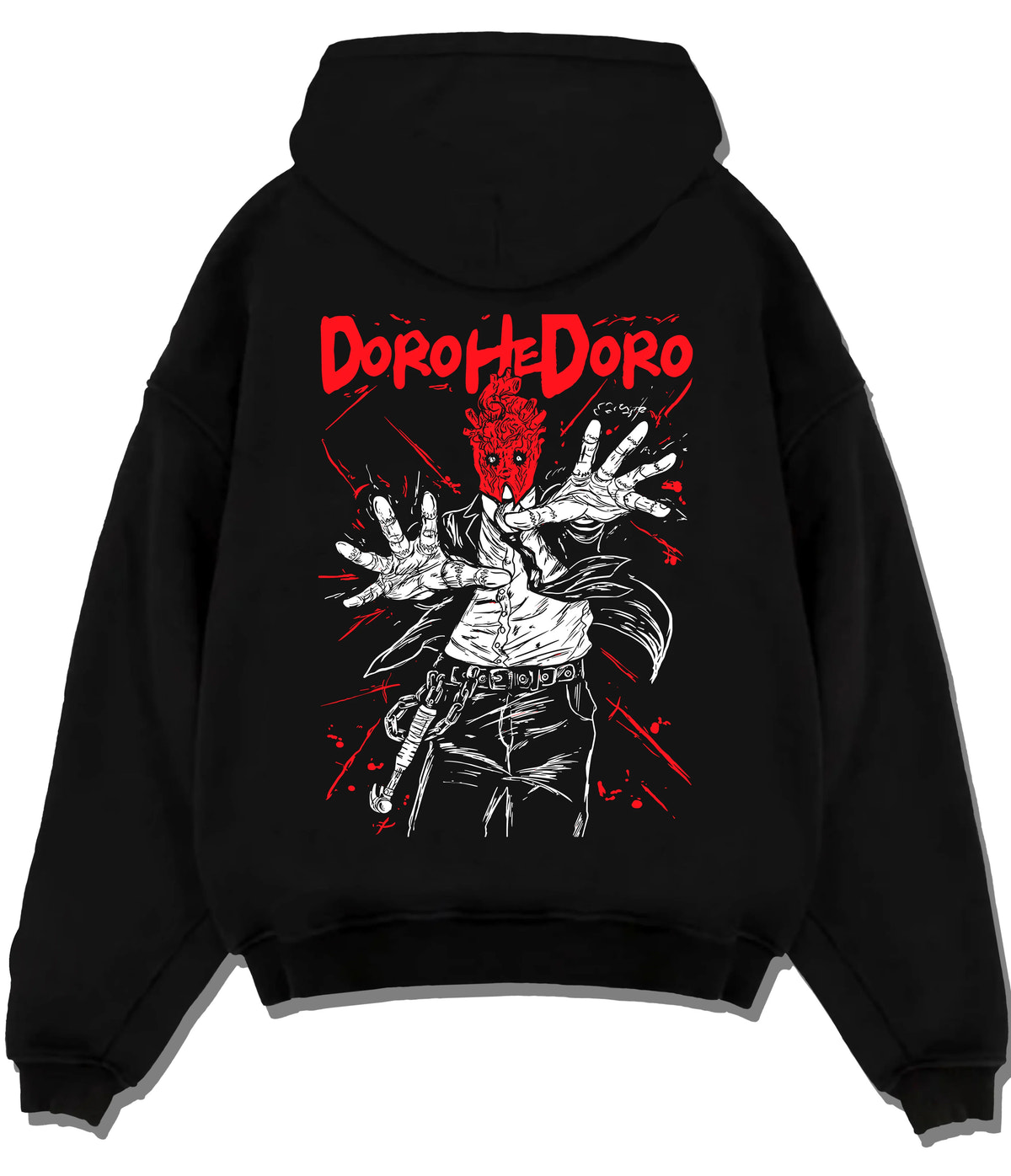 Black hoodie flat back view showing Dorohedoro: Caiman/character red hand illustration