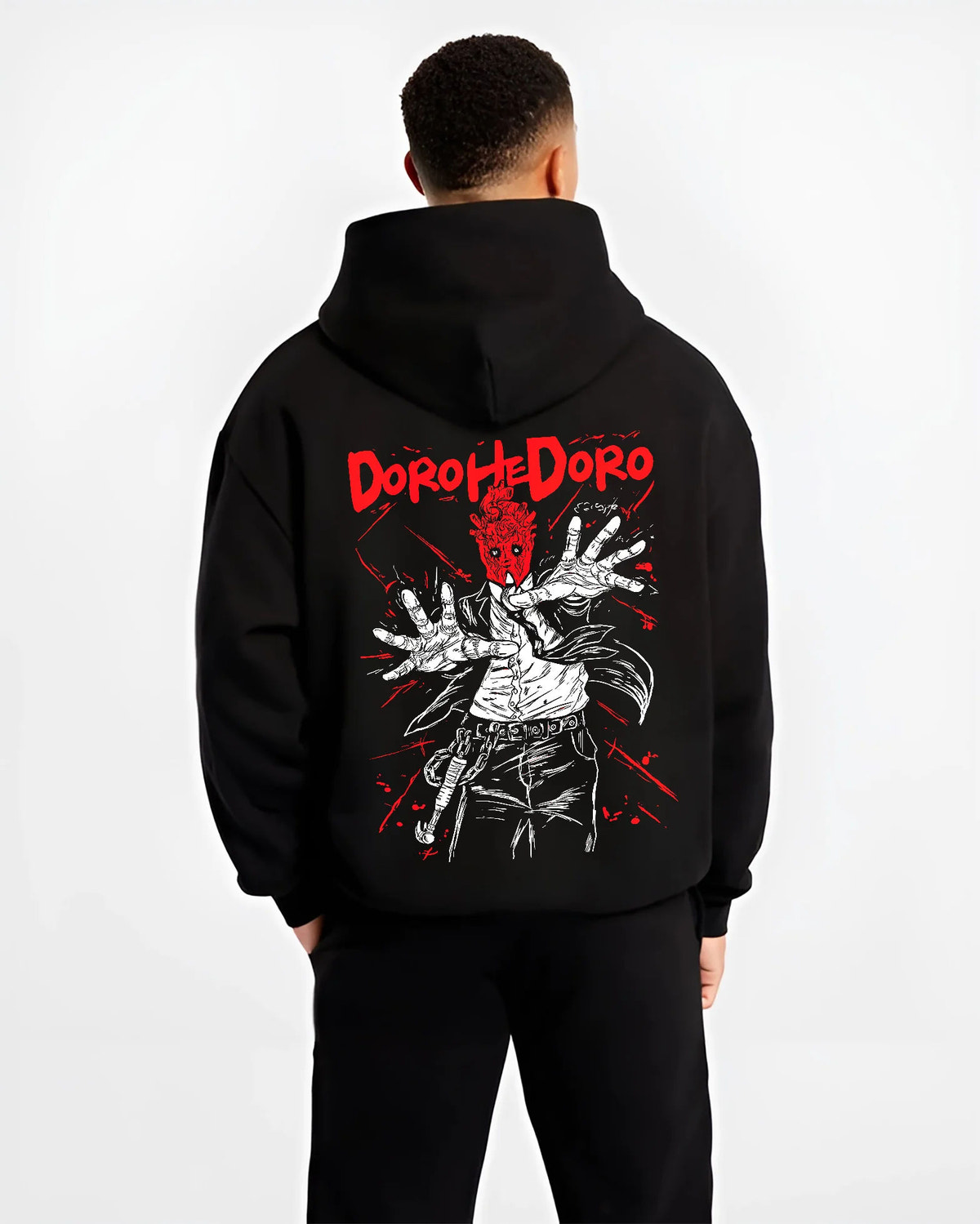 Black hoodie model back view showing Dorohedoro: Caiman/character red hand illustration