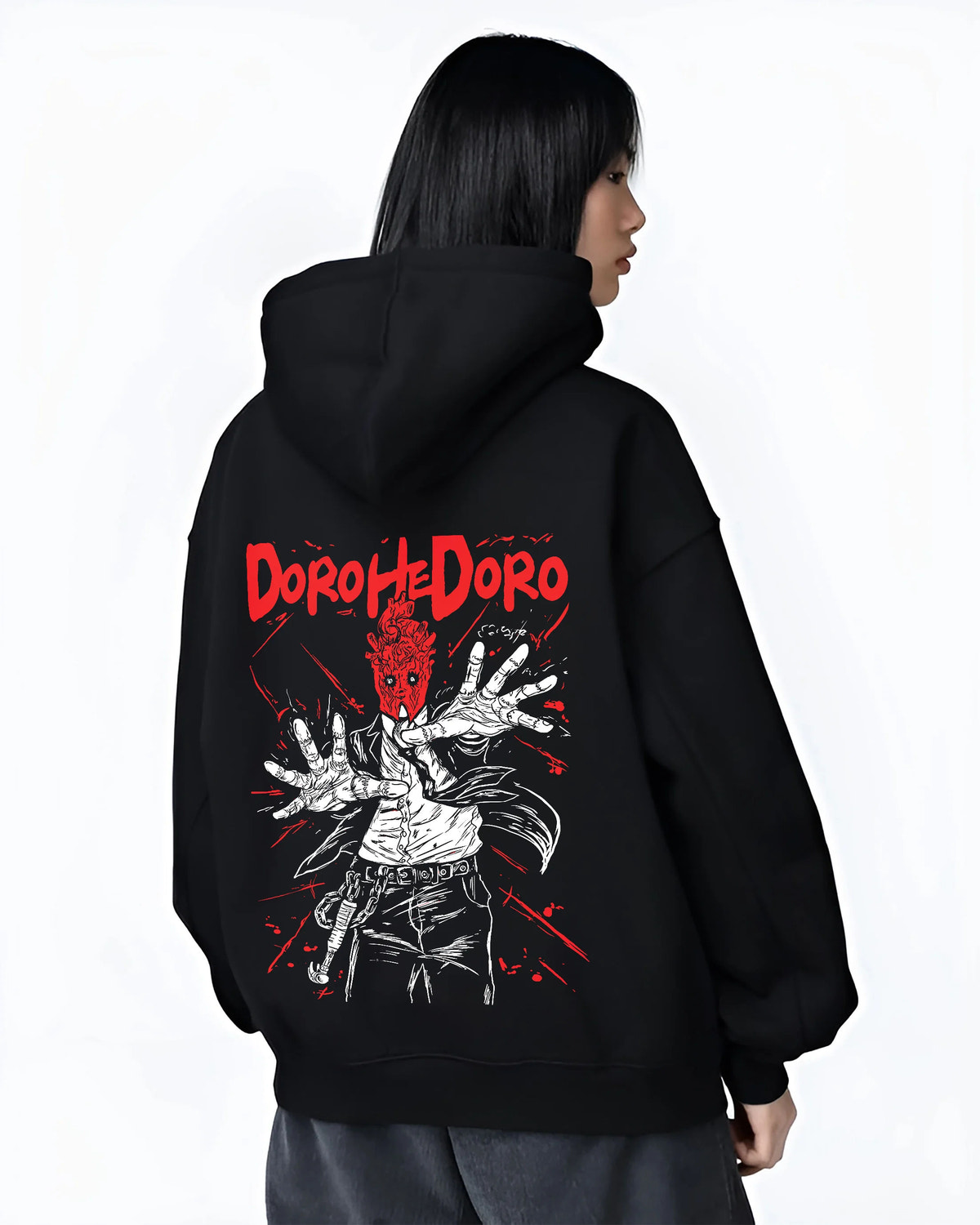 Black hoodie female model back view showing Dorohedoro: Caiman/character red hand illustration