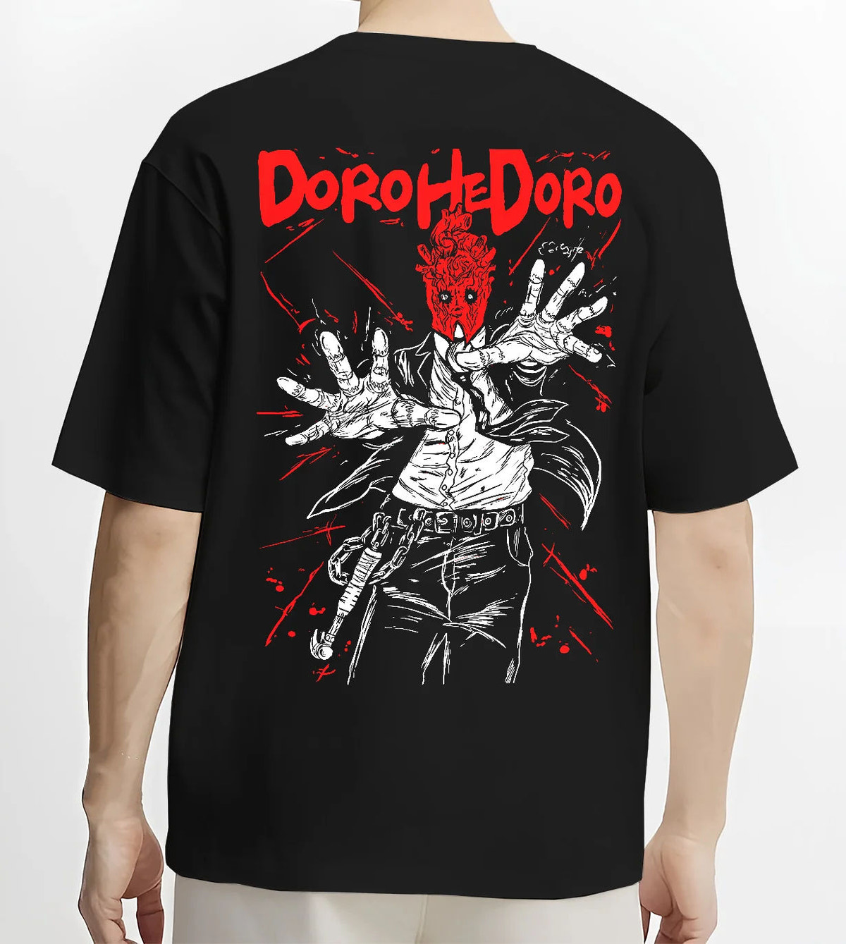 Black T-shirt model back view showing Dorohedoro: Caiman/character red hand illustration