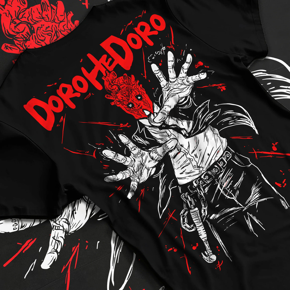 Black T-shirt flat back view showing Dorohedoro: Caiman/character red hand illustration