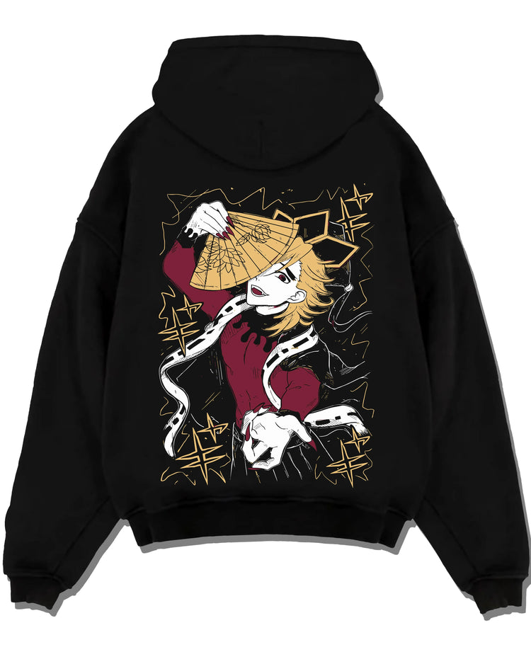 Black pullover hoodie laid flat with Douma Hoodie Demon Slayer Upper Moon Retro Poster graphic premium wear.