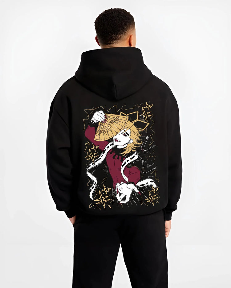 Black hoodie worn by male model, back view with Douma Hoodie Demon Slayer Upper Moon Retro Poster graphic premium wear.