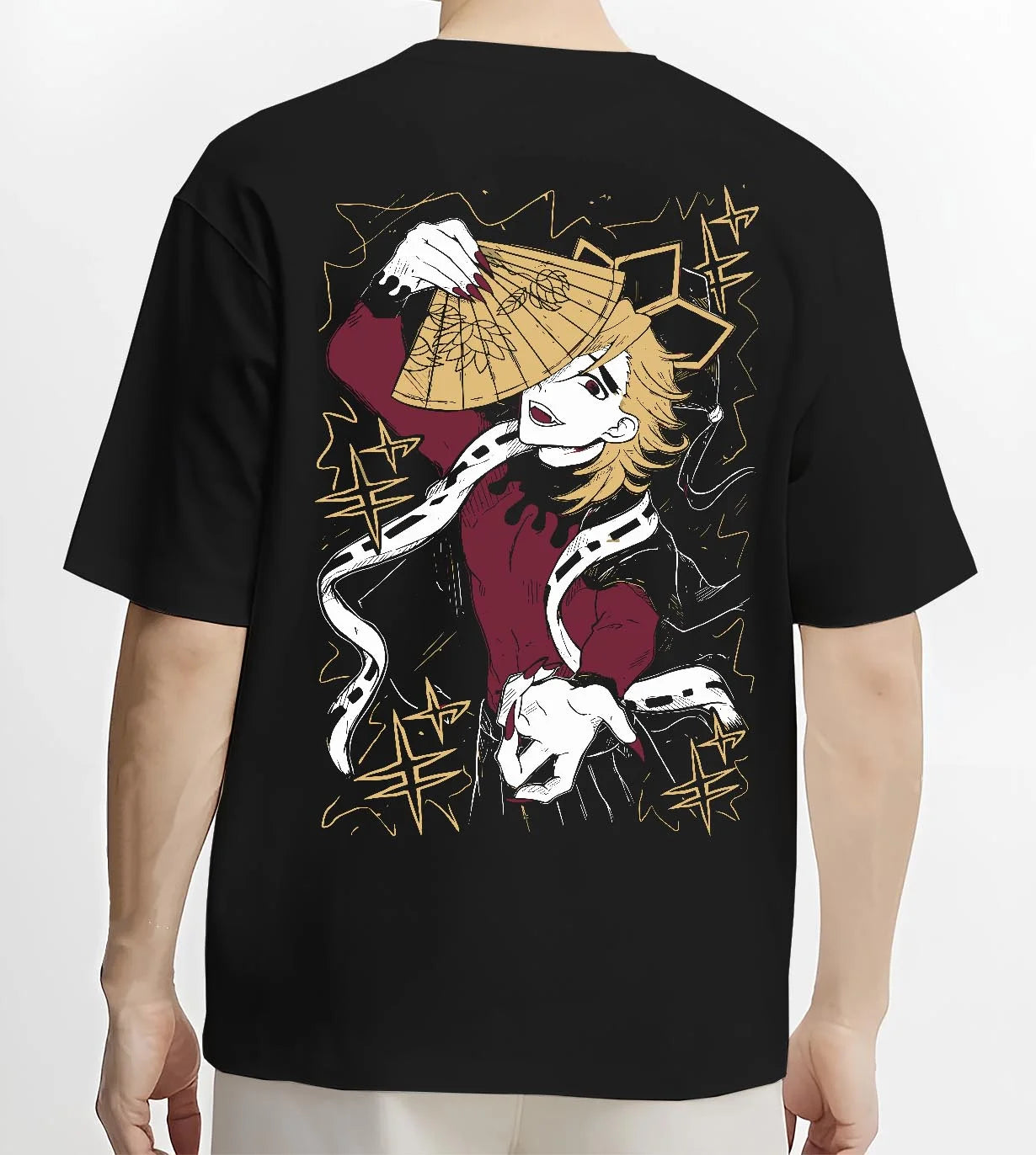 Black T-shirt worn by male model, back view with Douma Hoodie Demon Slayer Upper Moon Retro Poster graphic Douma anime design.