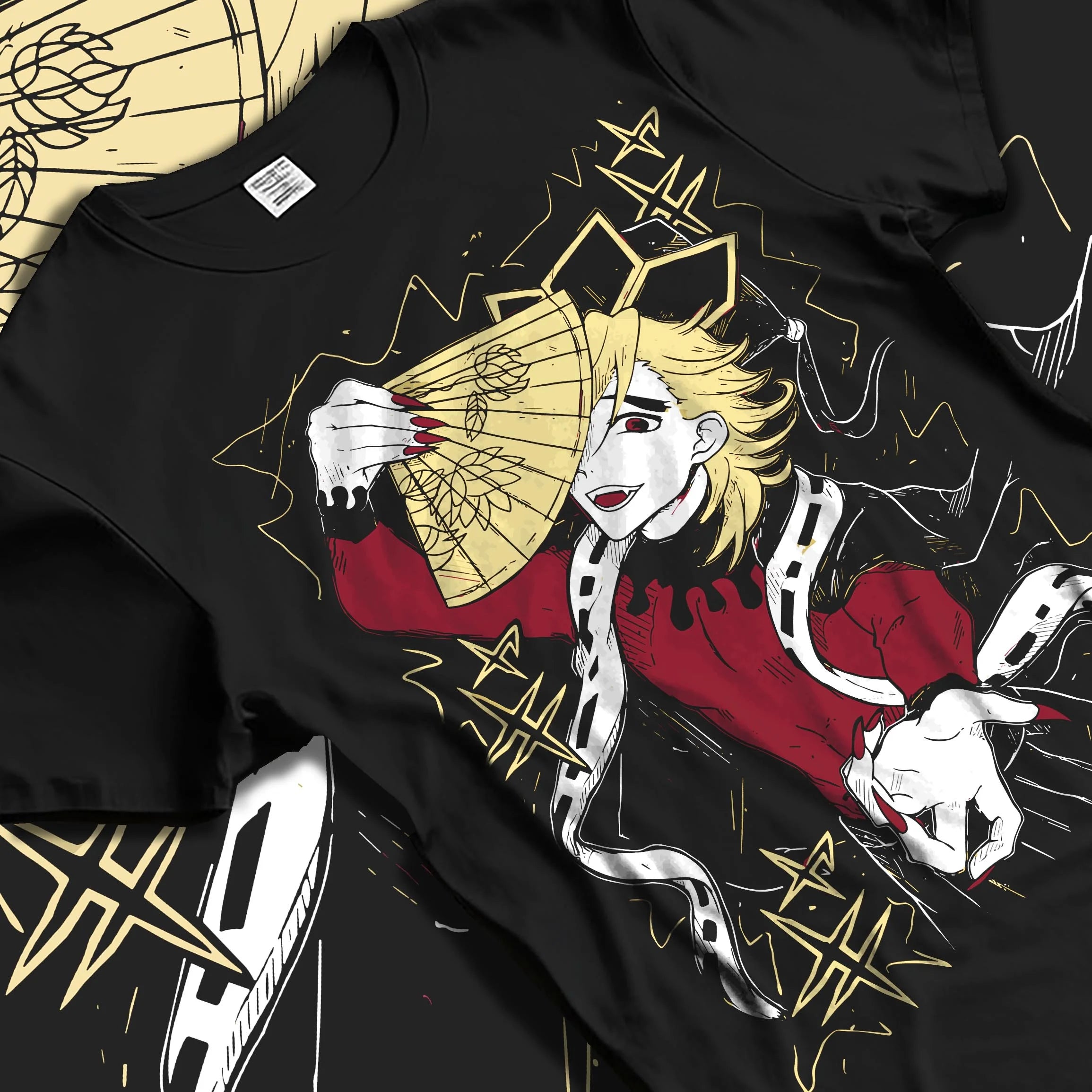 Black T-shirt laid flat with natural folds with Douma Hoodie Demon Slayer Upper Moon Retro Poster graphic bold anime graphic.