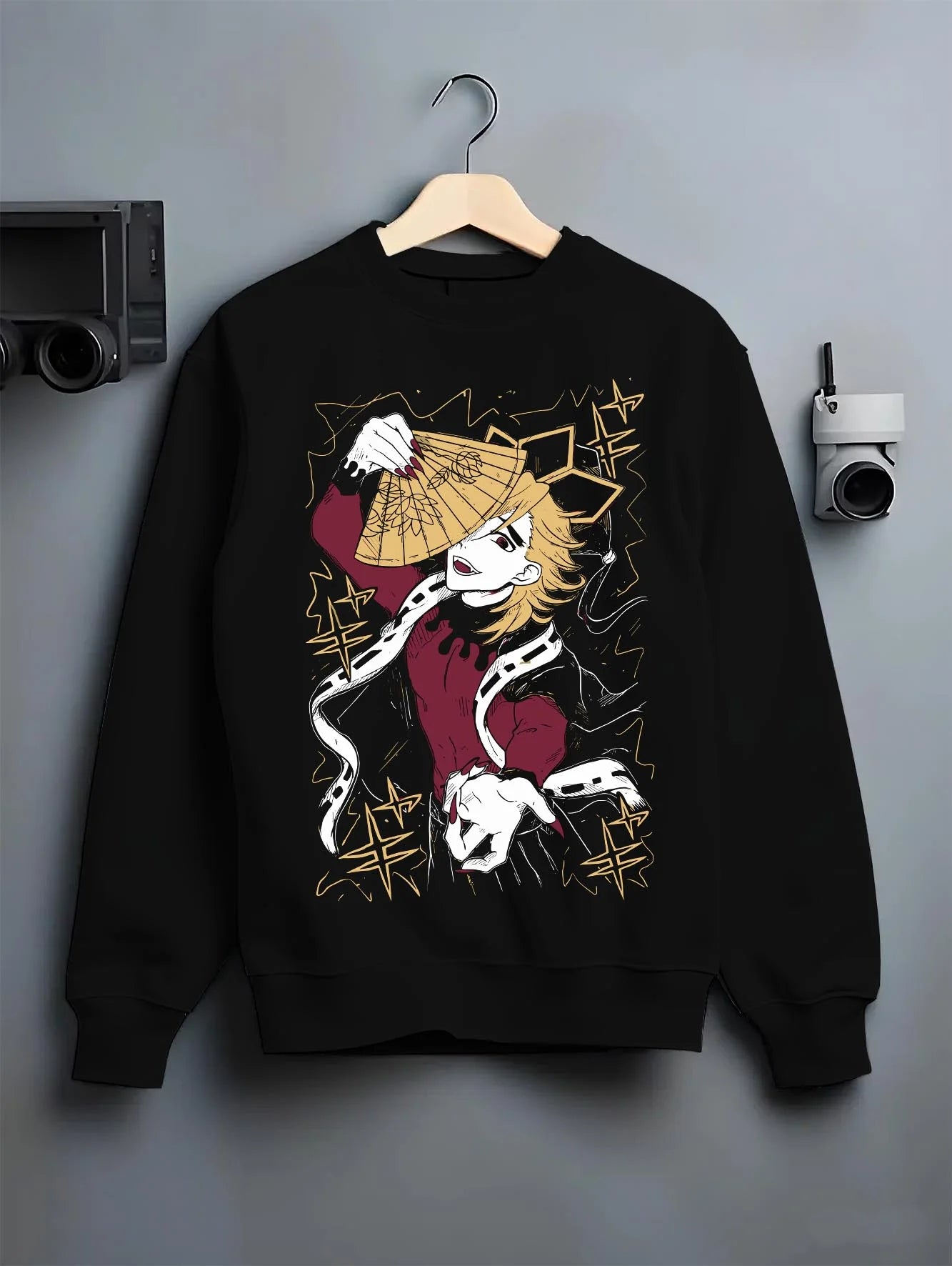 Black crewneck sweatshirt on hanger with Douma Hoodie Demon Slayer Upper Moon Retro Poster graphic premium wear.