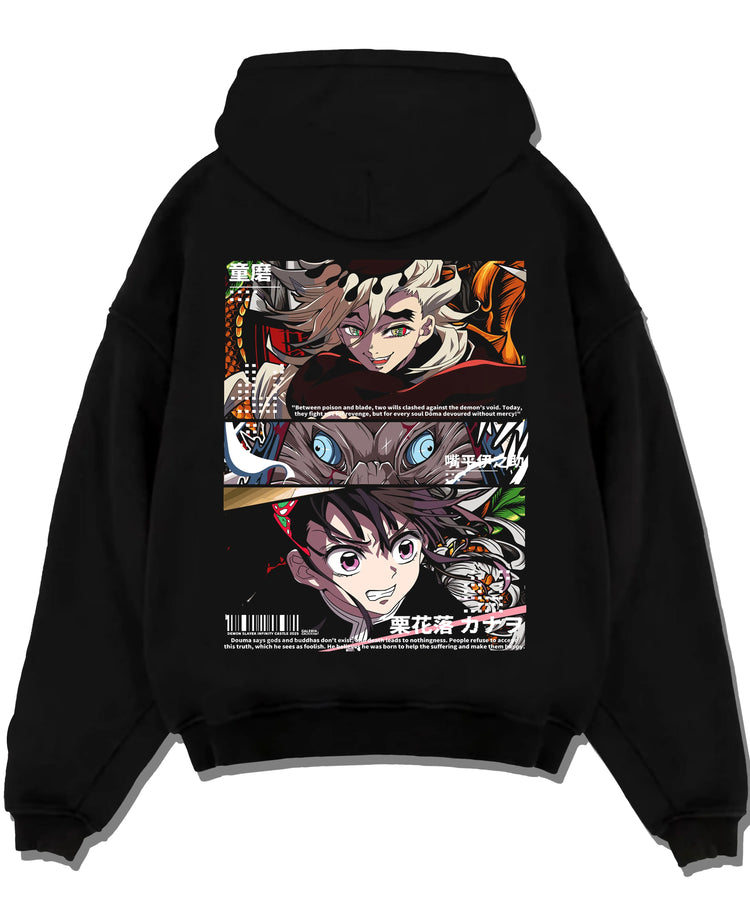 Black pullover hoodie laid flat with Douma Hoodie Demon Slayer Upper Moon Ice Retro Art graphic streetwear graphic.