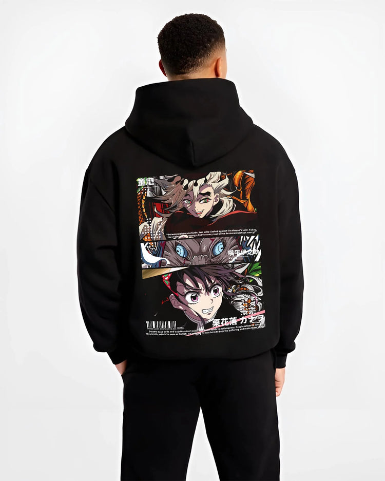 Black hoodie worn by male model, back view with Douma Hoodie Demon Slayer Upper Moon Ice Retro Art graphic Douma anime design.