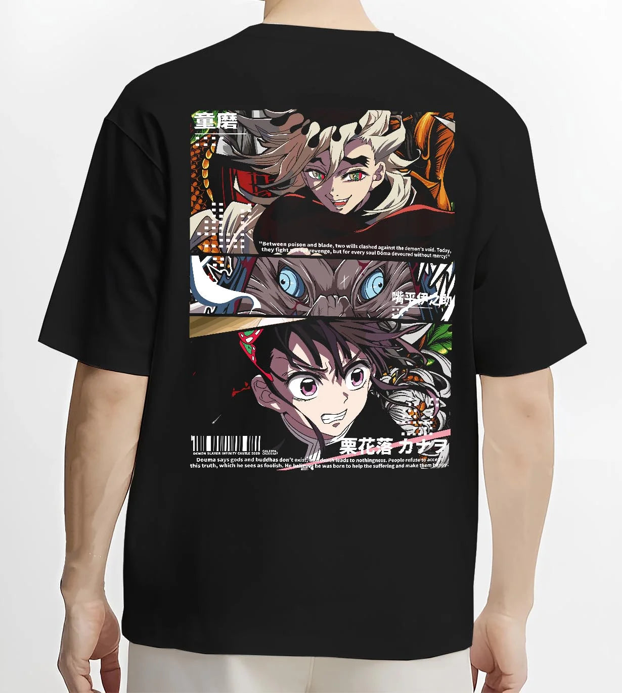 Black T-shirt worn by male model, back view with Douma Hoodie Demon Slayer Upper Moon Ice Retro Art graphic bold anime graphic.
