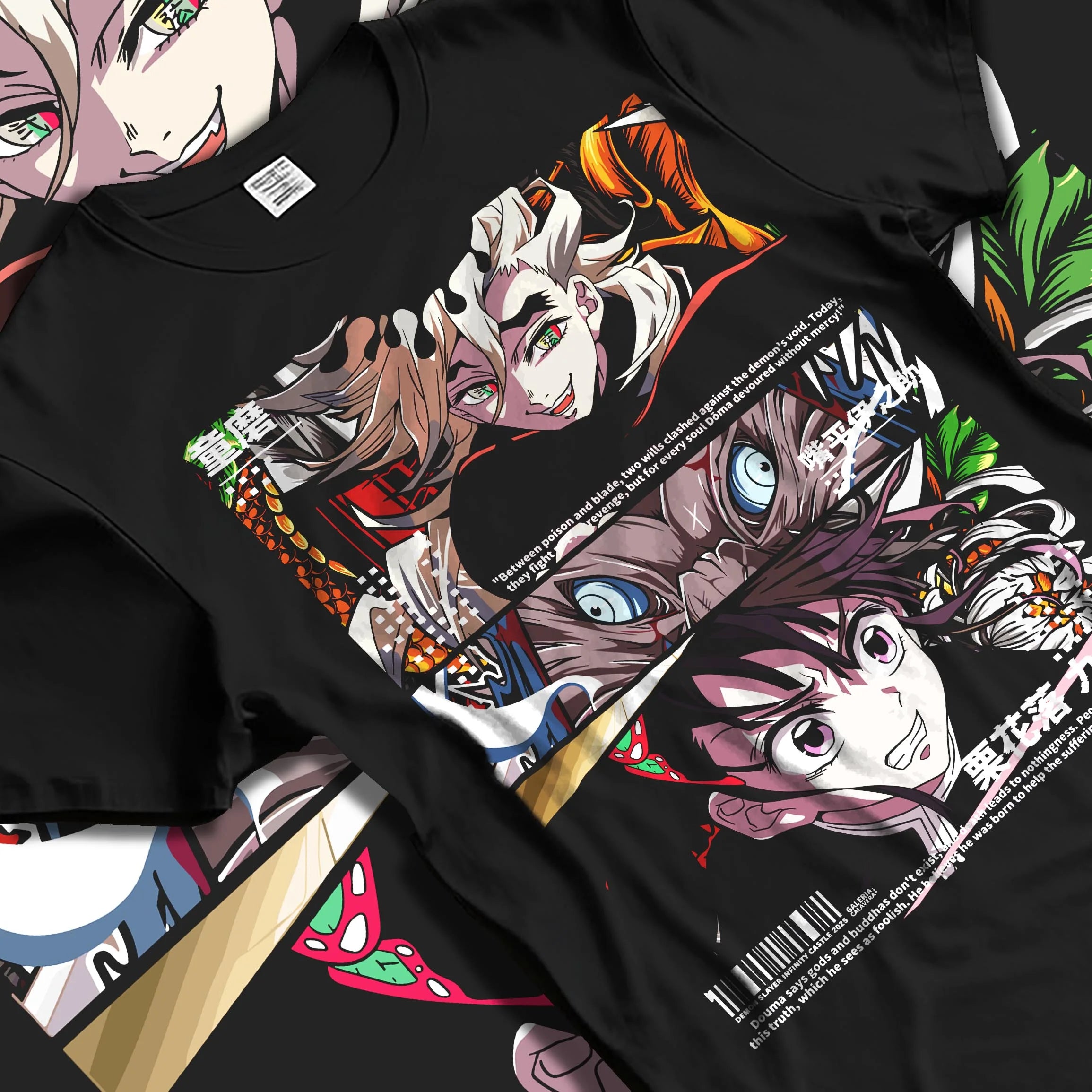 Black T-shirt laid flat with natural folds with Douma Hoodie Demon Slayer Upper Moon Ice Retro Art graphic streetwear graphic.