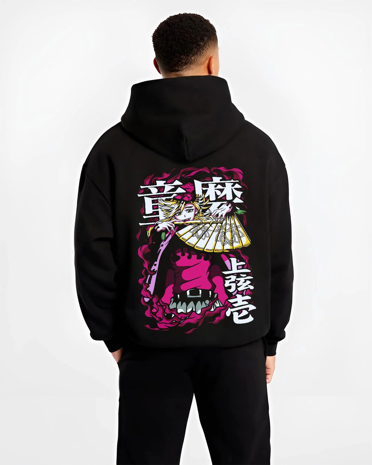 Black hoodie model back view showing Douma from Demon Slayer: Doma