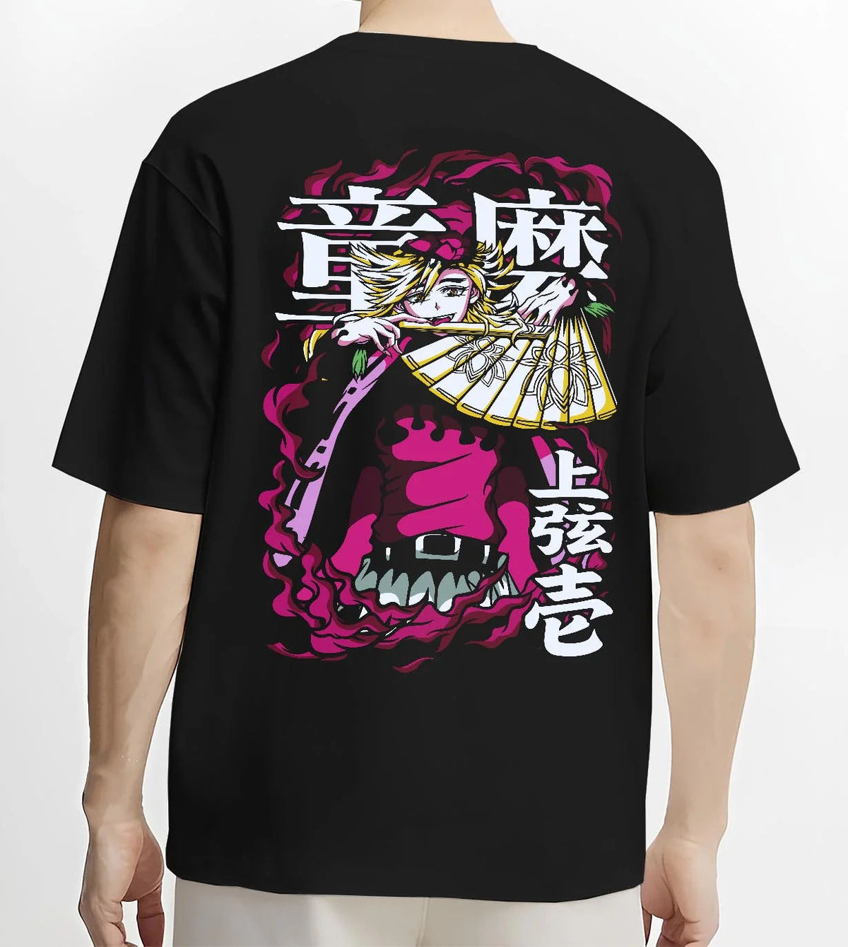 Black T-shirt model back view showing Douma from Demon Slayer: Doma