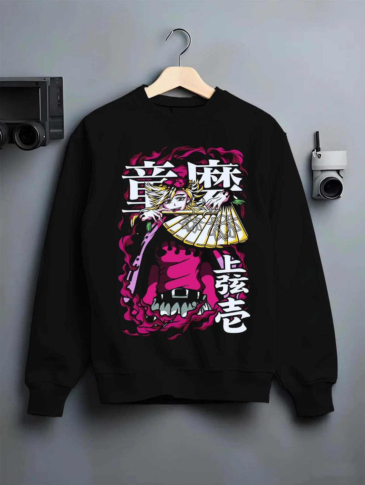 Black crewneck sweatshirt on hanger showing Douma from Demon Slayer: Doma
