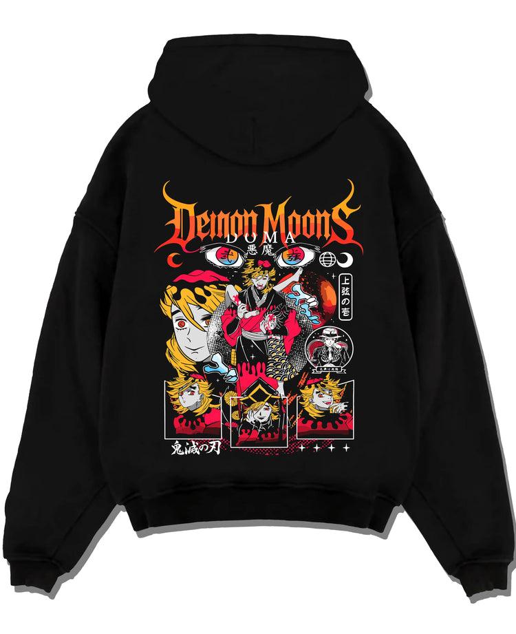 Black pullover hoodie laid flat with Demon Slayer Hoodie Douma Upper Moons Retro Poster graphic premium wear.