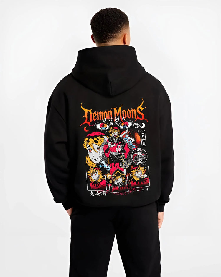 Black hoodie worn by male model, back view with Demon Slayer Hoodie Douma Upper Moons Retro Poster graphic premium wear.