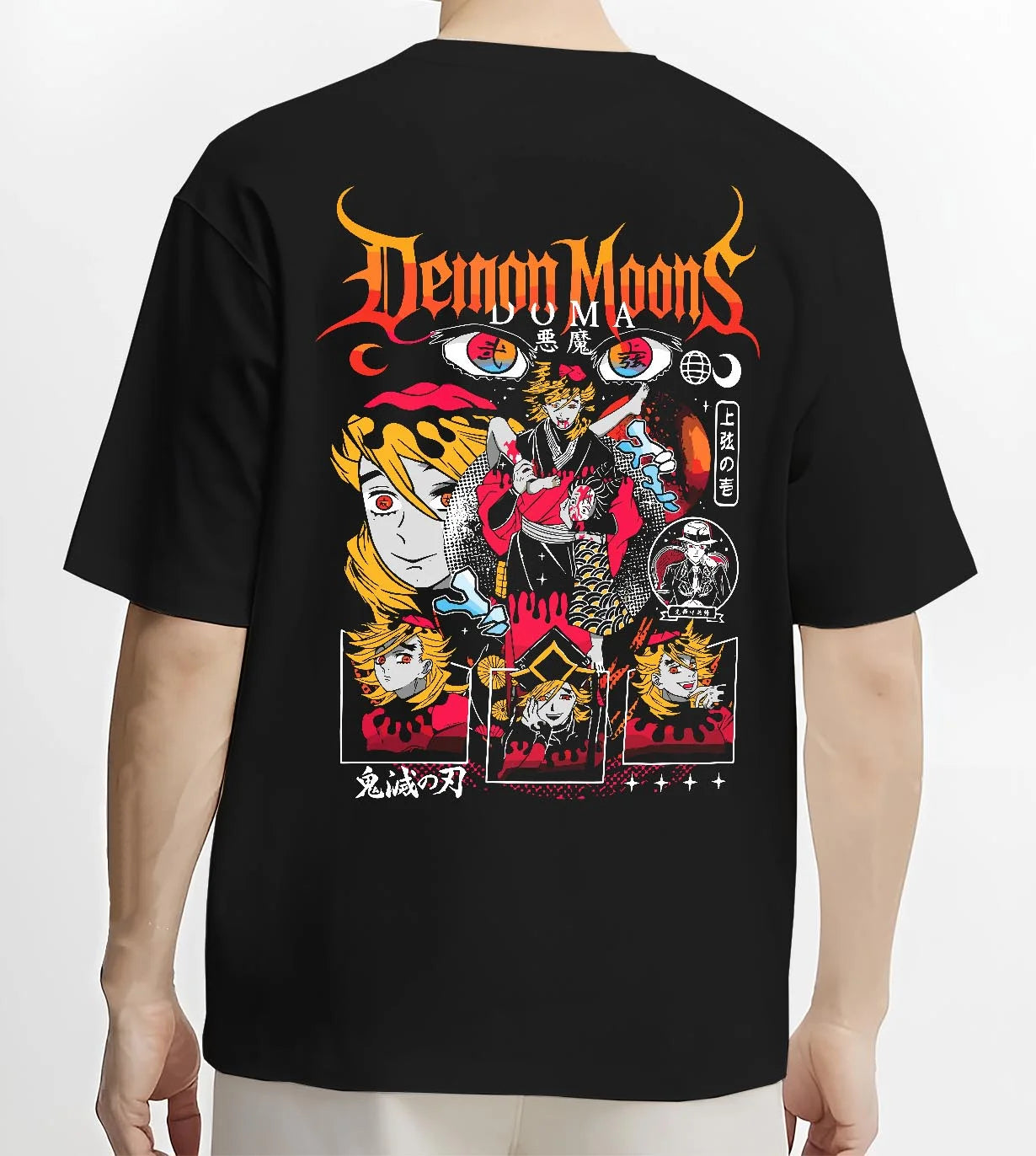 Black T-shirt worn by male model, back view with Demon Slayer Hoodie Douma Upper Moons Retro Poster graphic streetwear graphic.