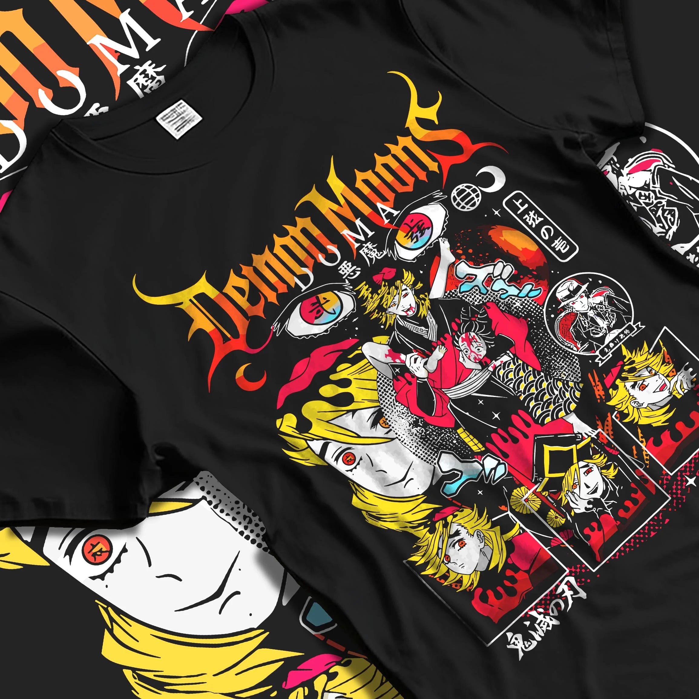 Black T-shirt laid flat with natural folds with Demon Slayer Hoodie Douma Upper Moons Retro Poster graphic streetwear graphic.