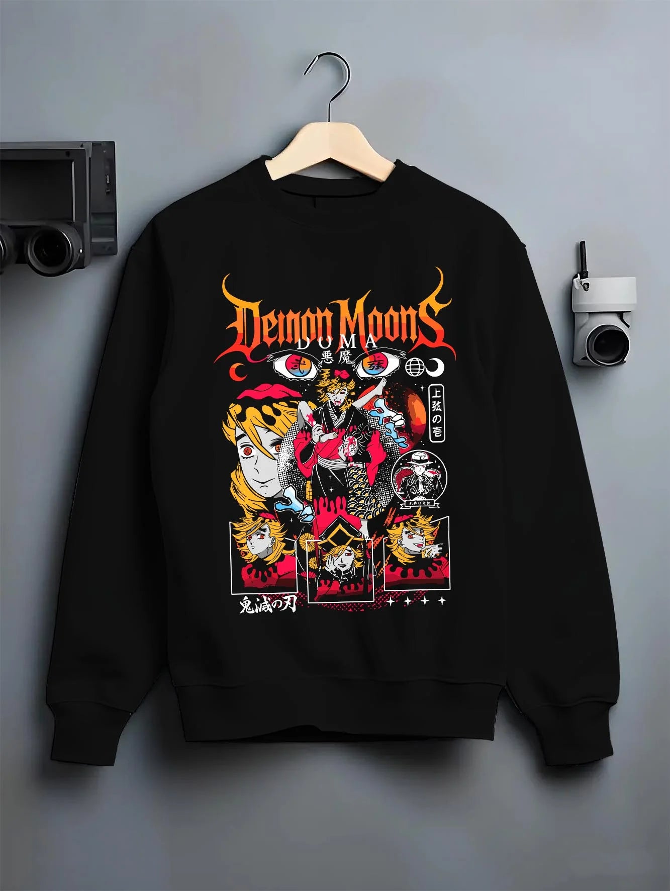 Black crewneck sweatshirt on hanger with Demon Slayer Hoodie Douma Upper Moons Retro Poster graphic Douma anime design.